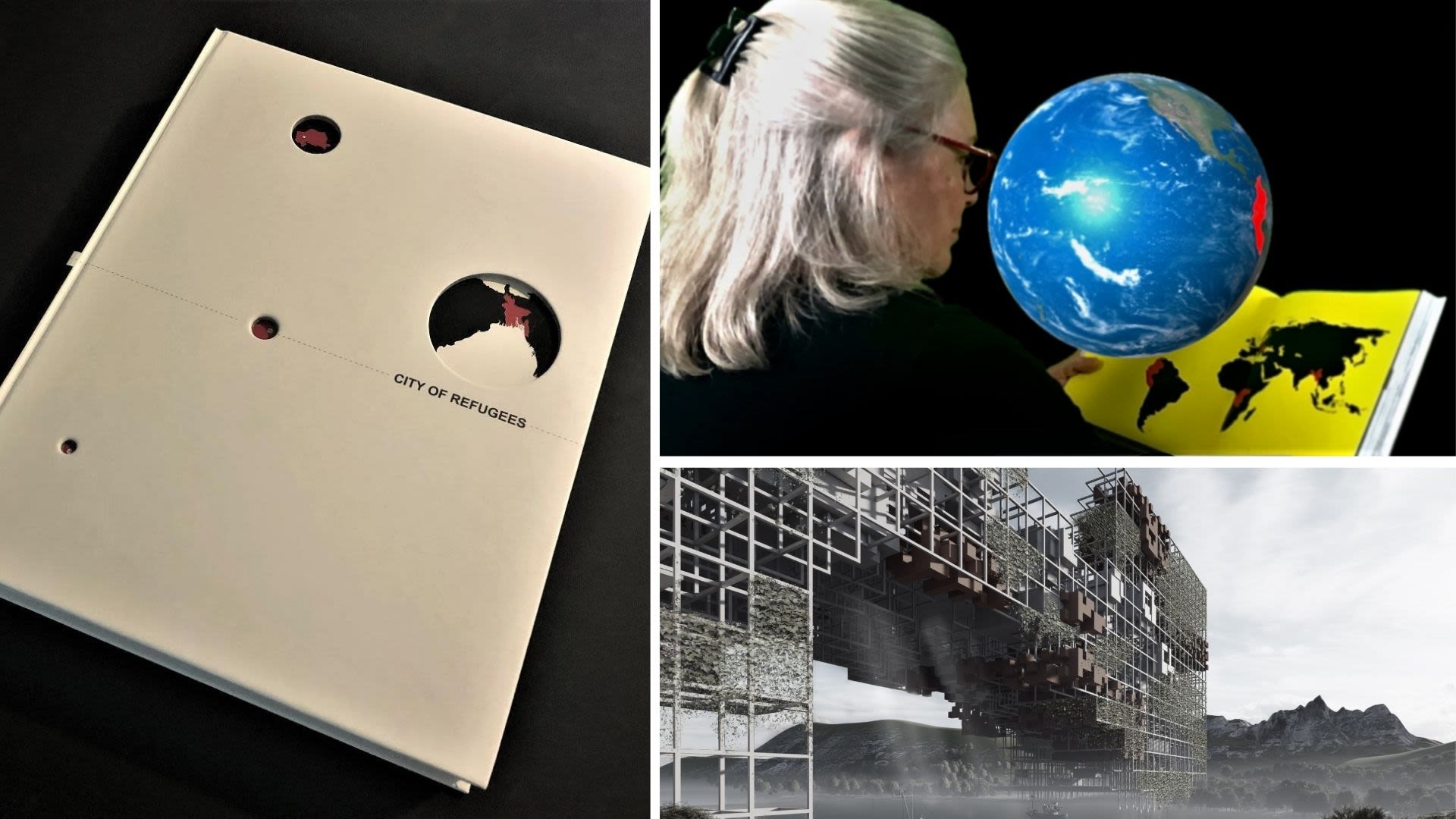 Montage of book cover, person reading book and a rendering of a refugee city.