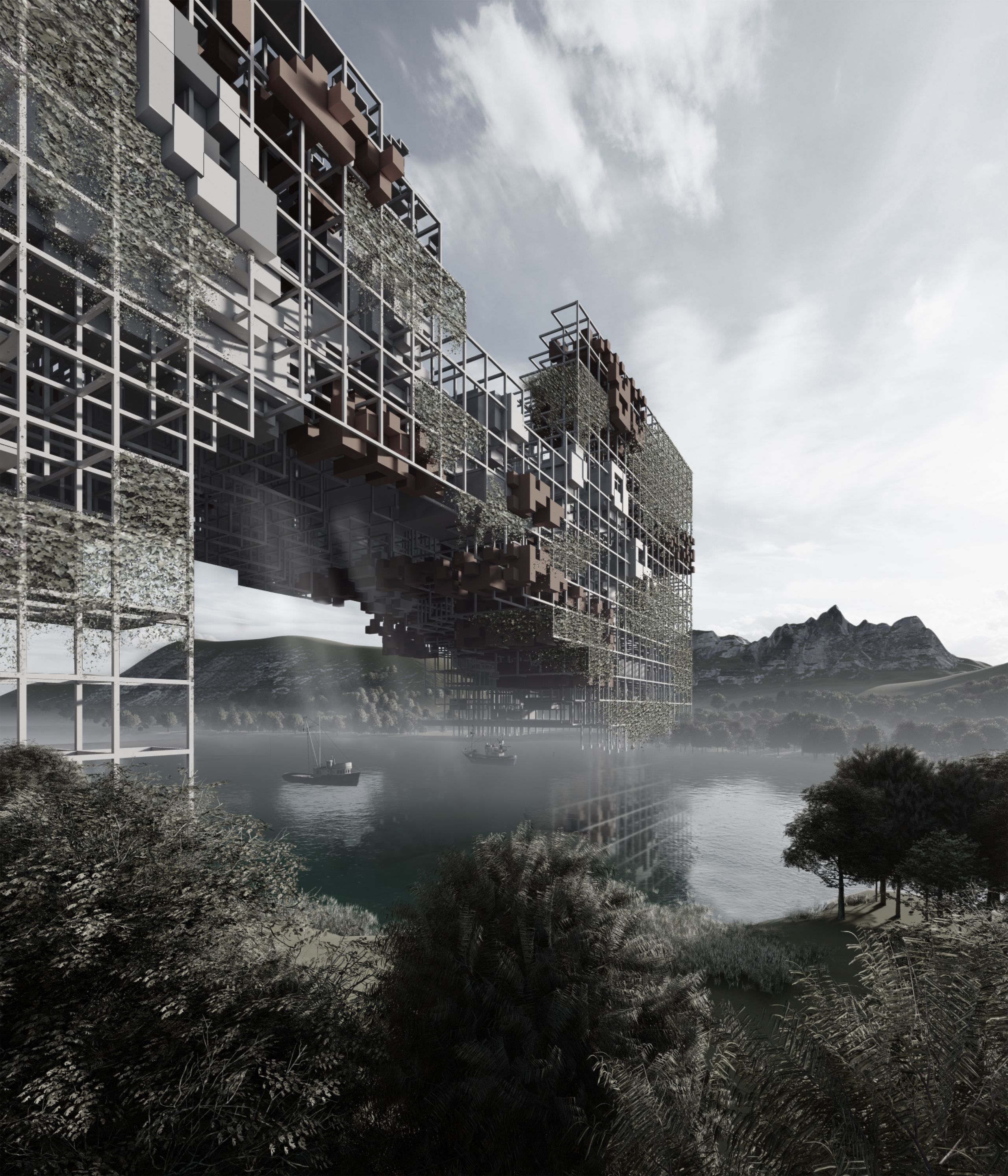 "Bridge City" river perspective- an architectural rendering