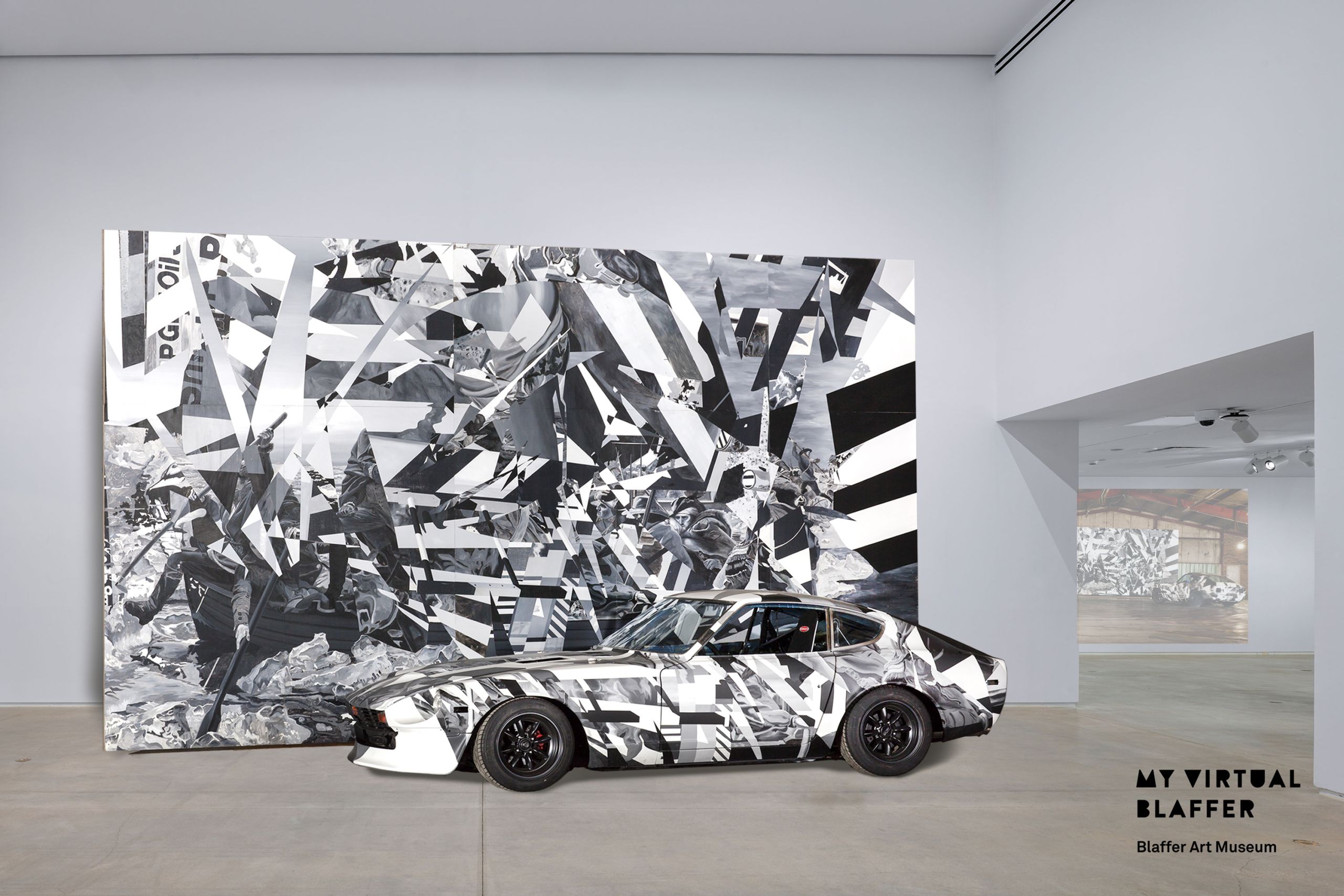 Large exhibit of black and white mixed media art that includes a car blending in to a canvas behind it