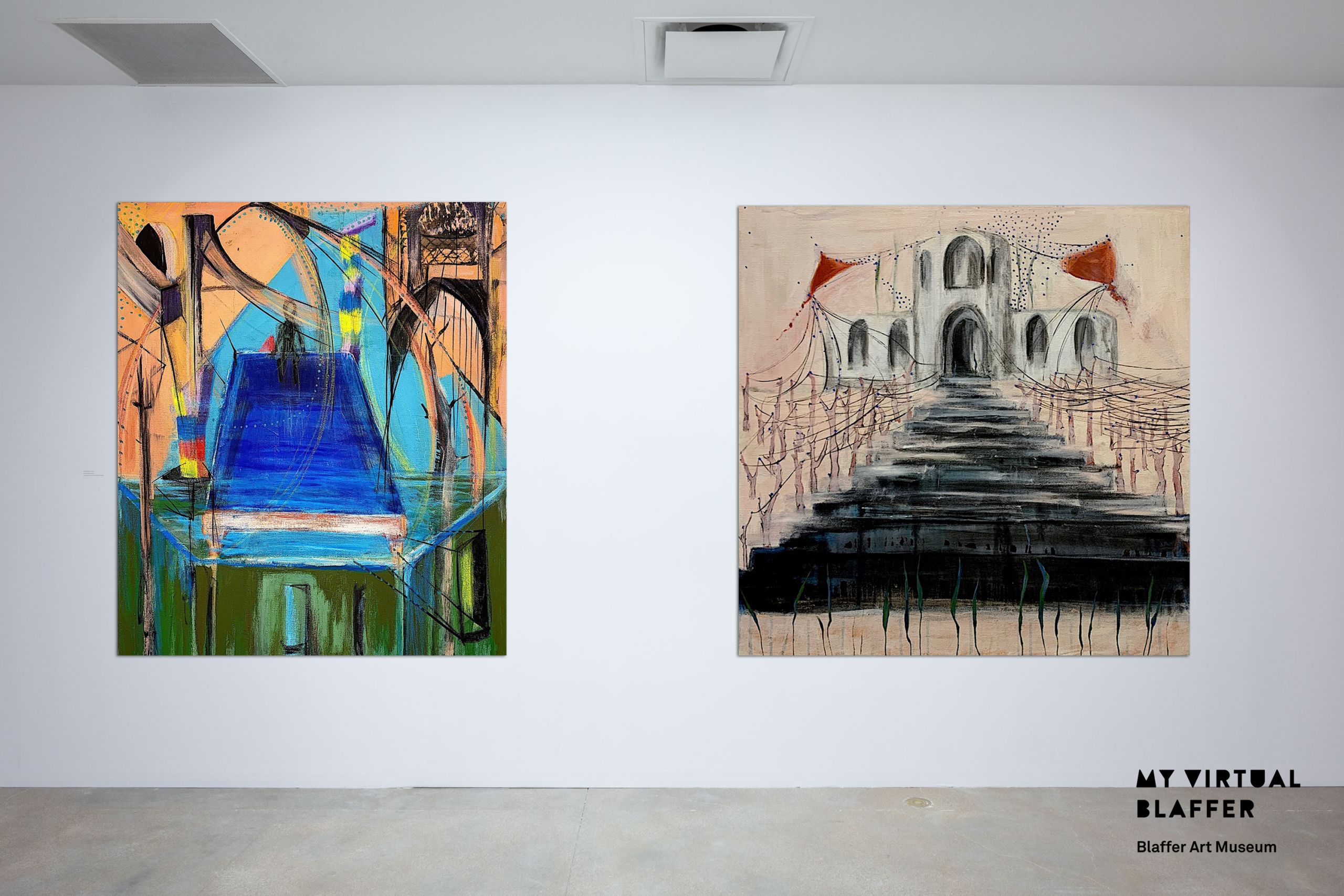 Two paintings by Farima Fooladi hand on the wall in gallery