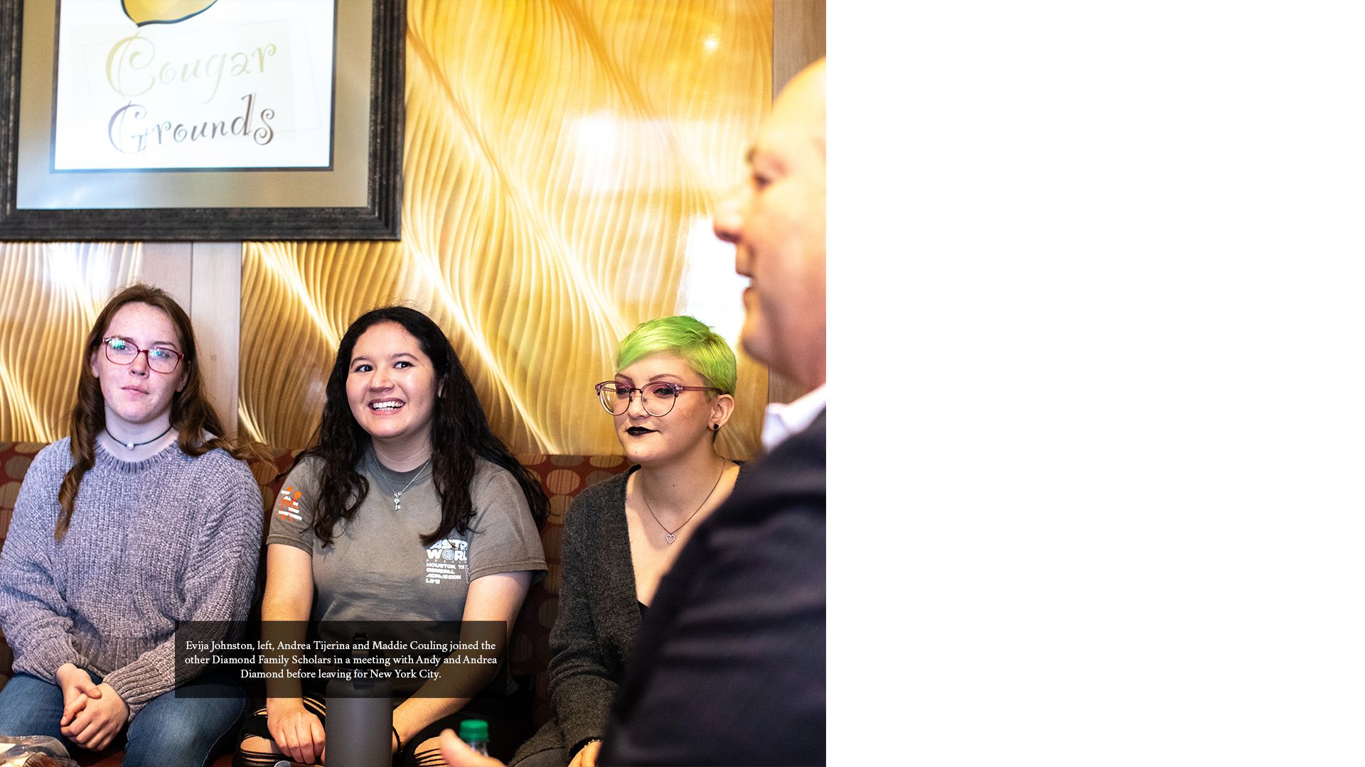 Evija Johnston, left, Andrea Tijerina and Maddie Couling joined the other Diamond Family Scholars in a meeting with Andy and Andrea Diamond before leaving for New York City.