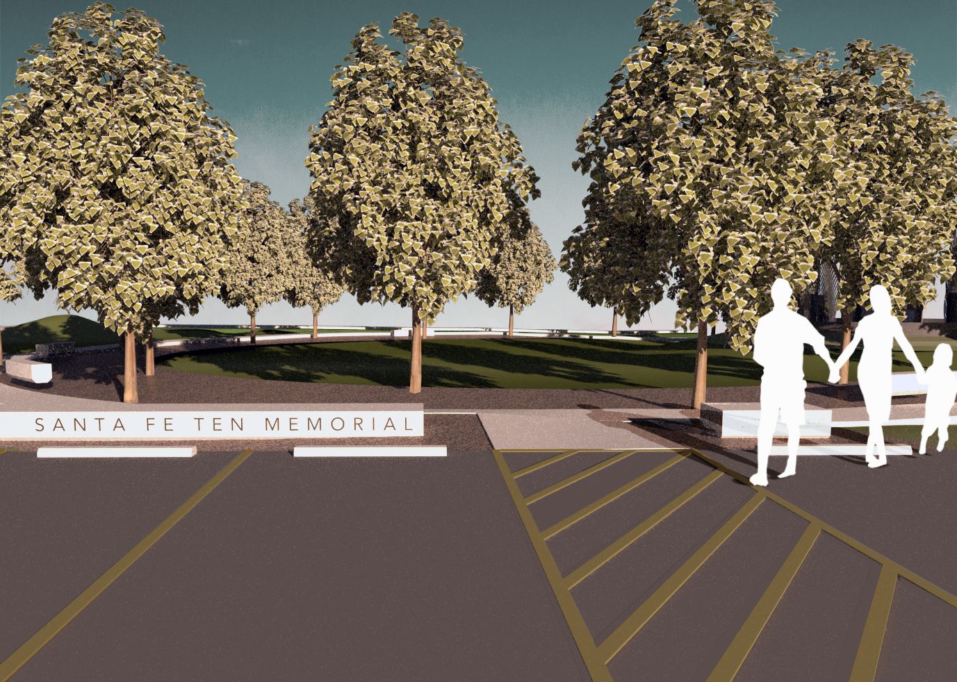 rendering of the entrance to the memorial from the community parking lot will be marked with identity bend on the left and donor bench on the right.