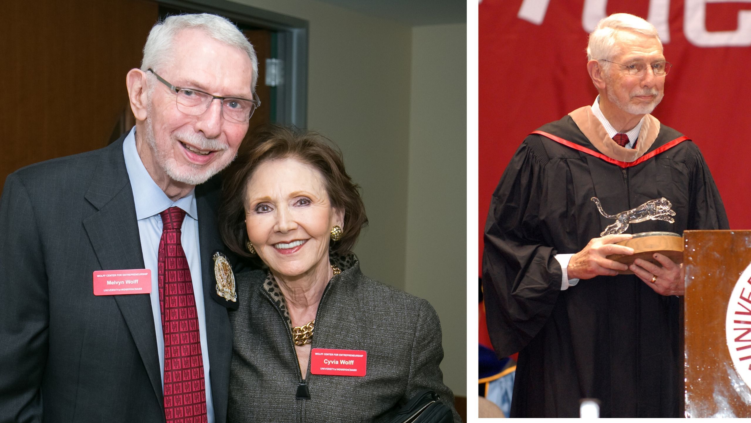 Couple on Left. Man in graduation regalia on right.