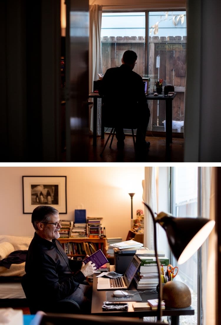 Tejada sitting at his desk at home in front of a computer