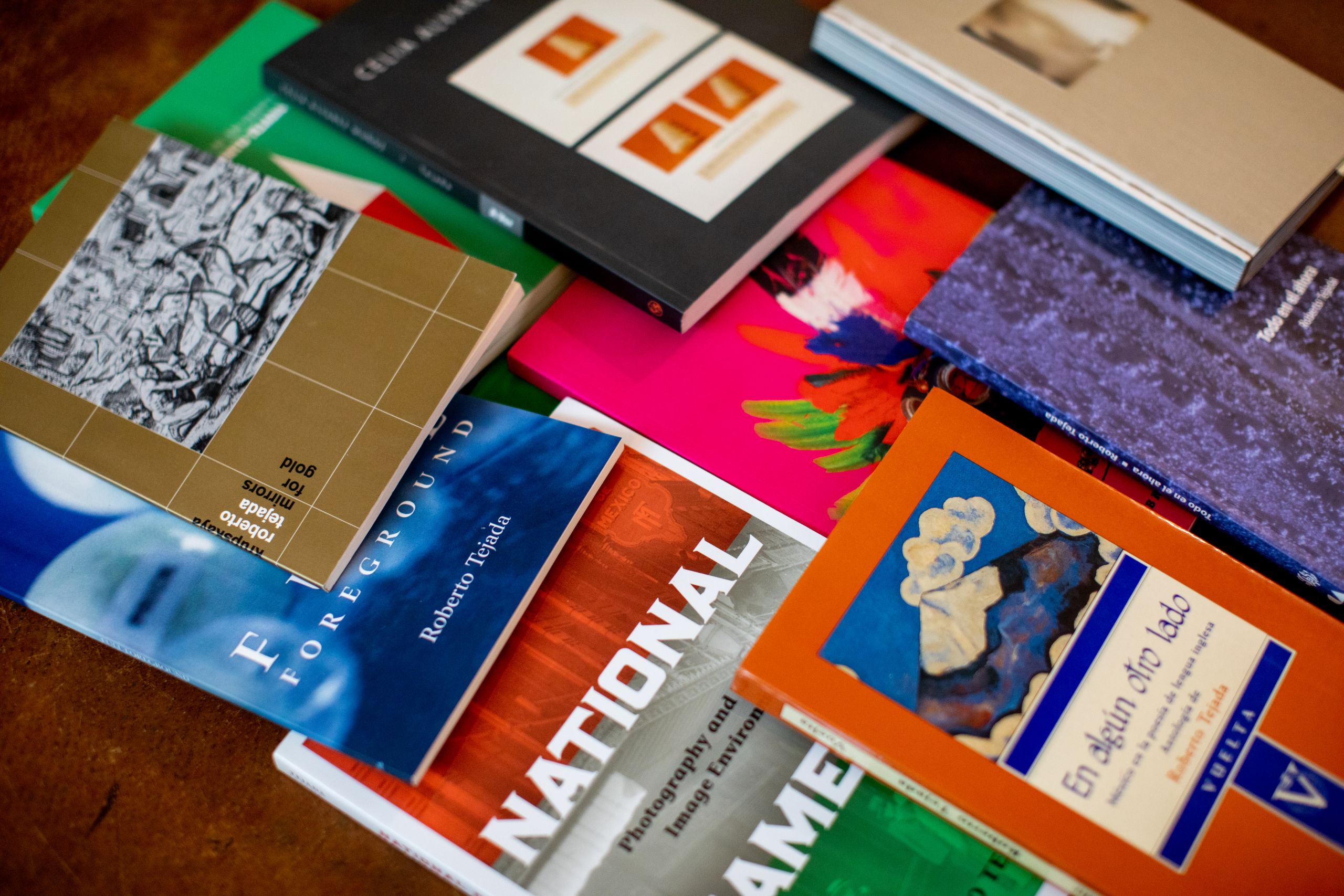 Tejada's books displayed on a table