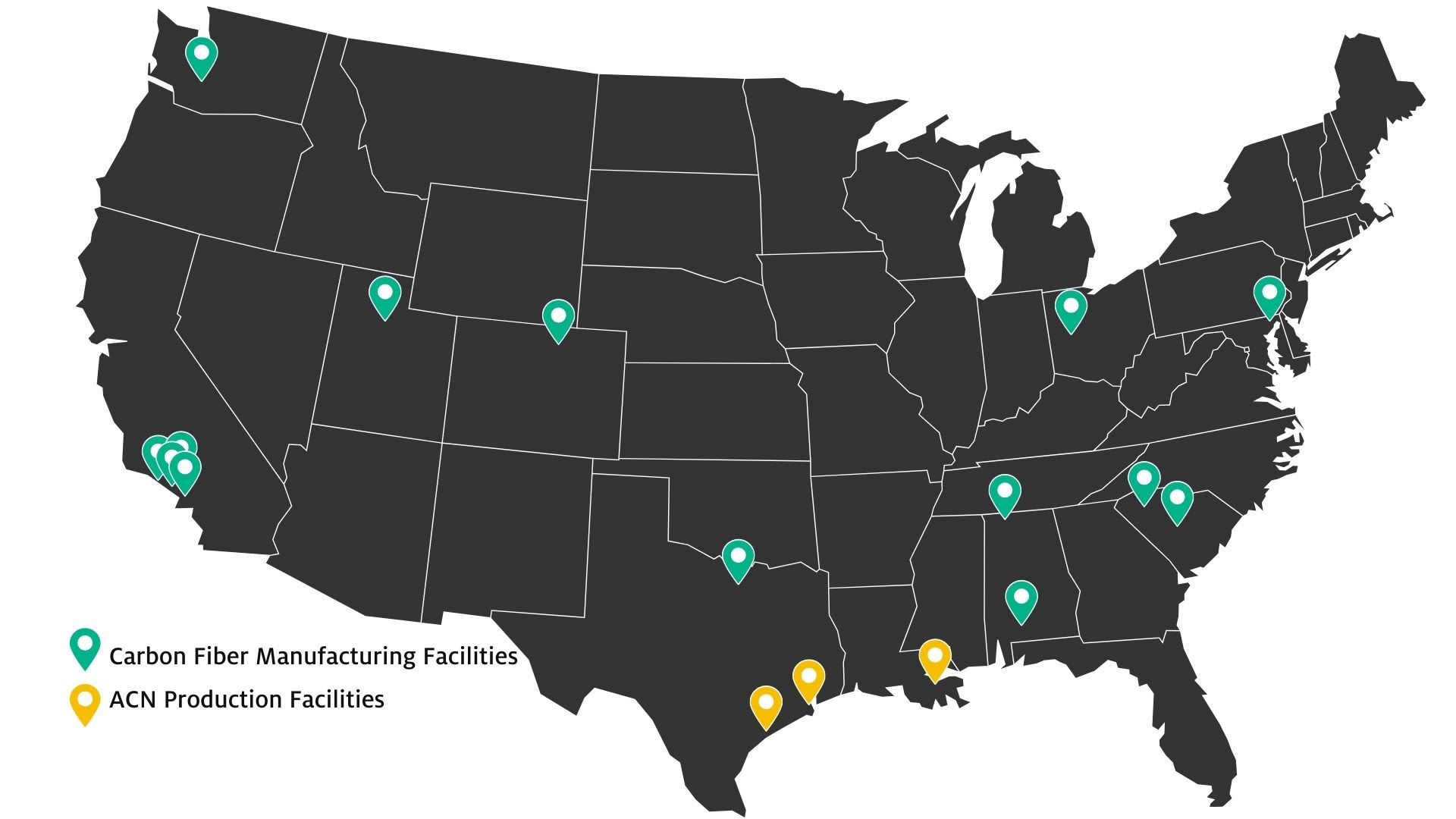 Map of U.S. showing carbon fiber manufacturing and ACN production