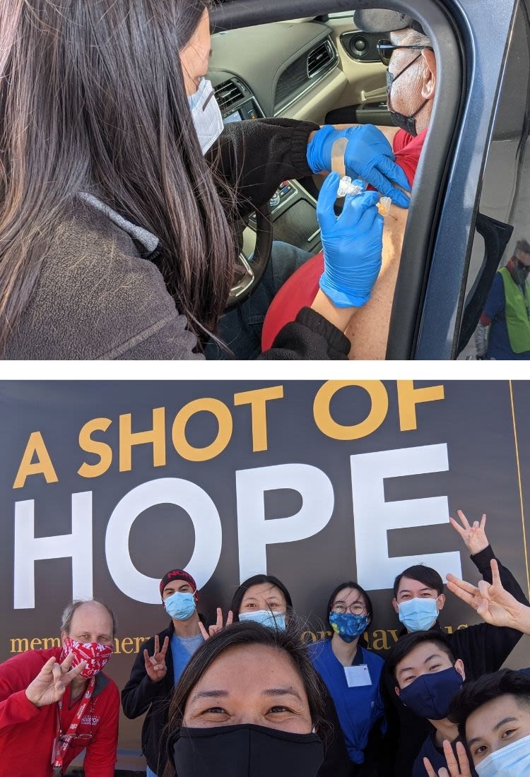 pharmacy student injecting vaccine. Students with masks.