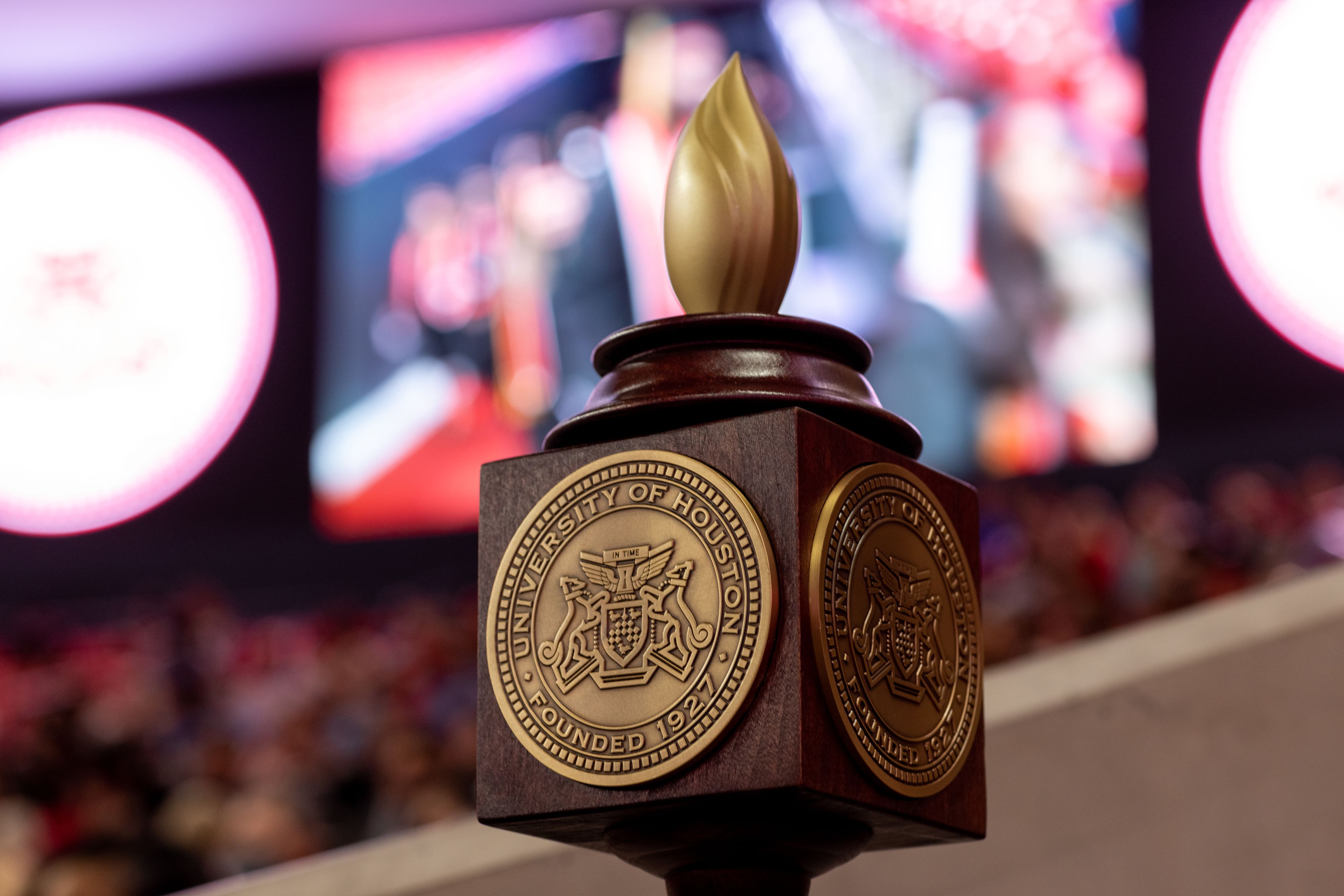 A photo of the UH mace used in commencement ceremonies.