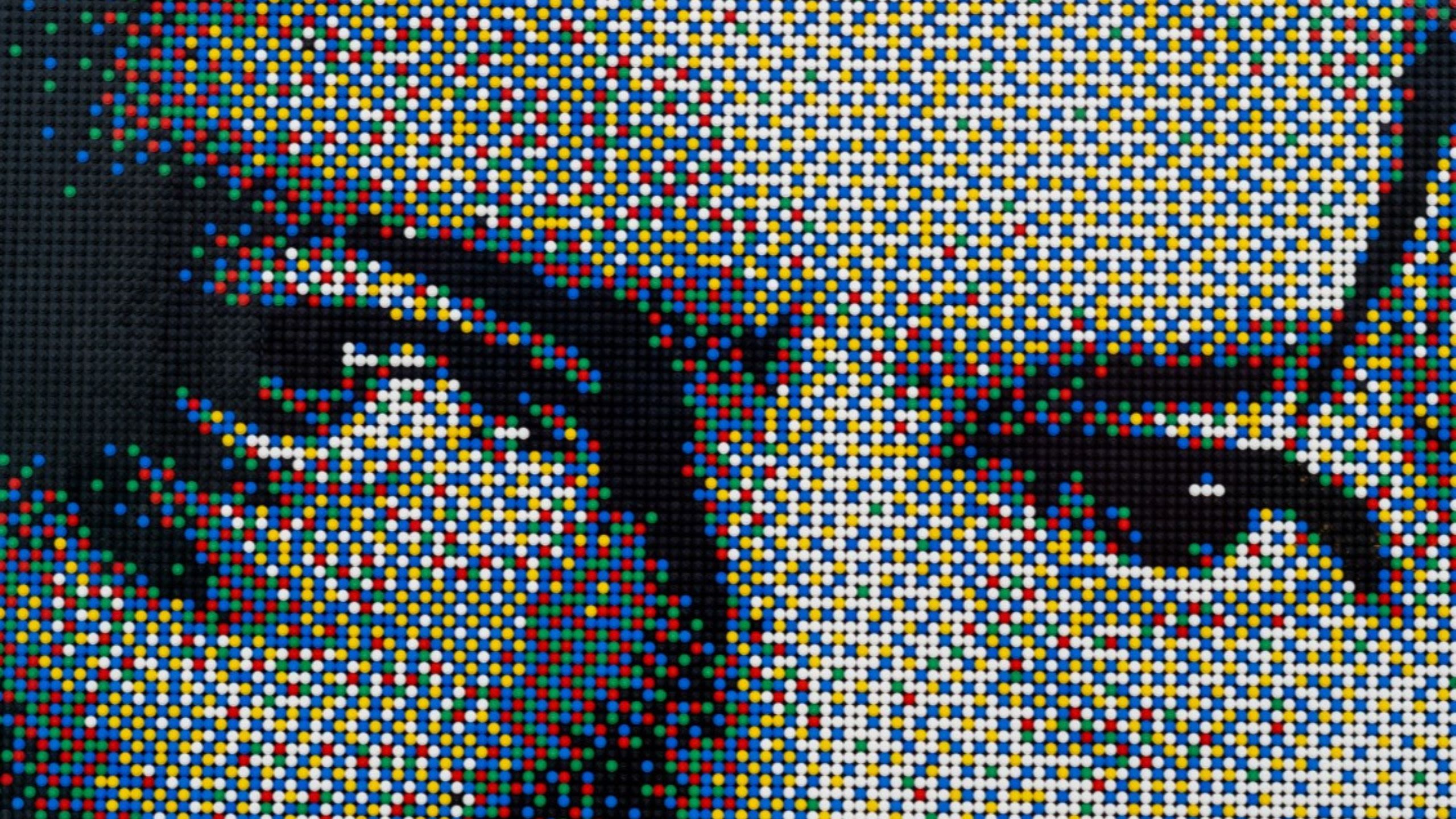Close-up of David Bowie's eyes are recognizable in Jonason's Lego mosaic. 