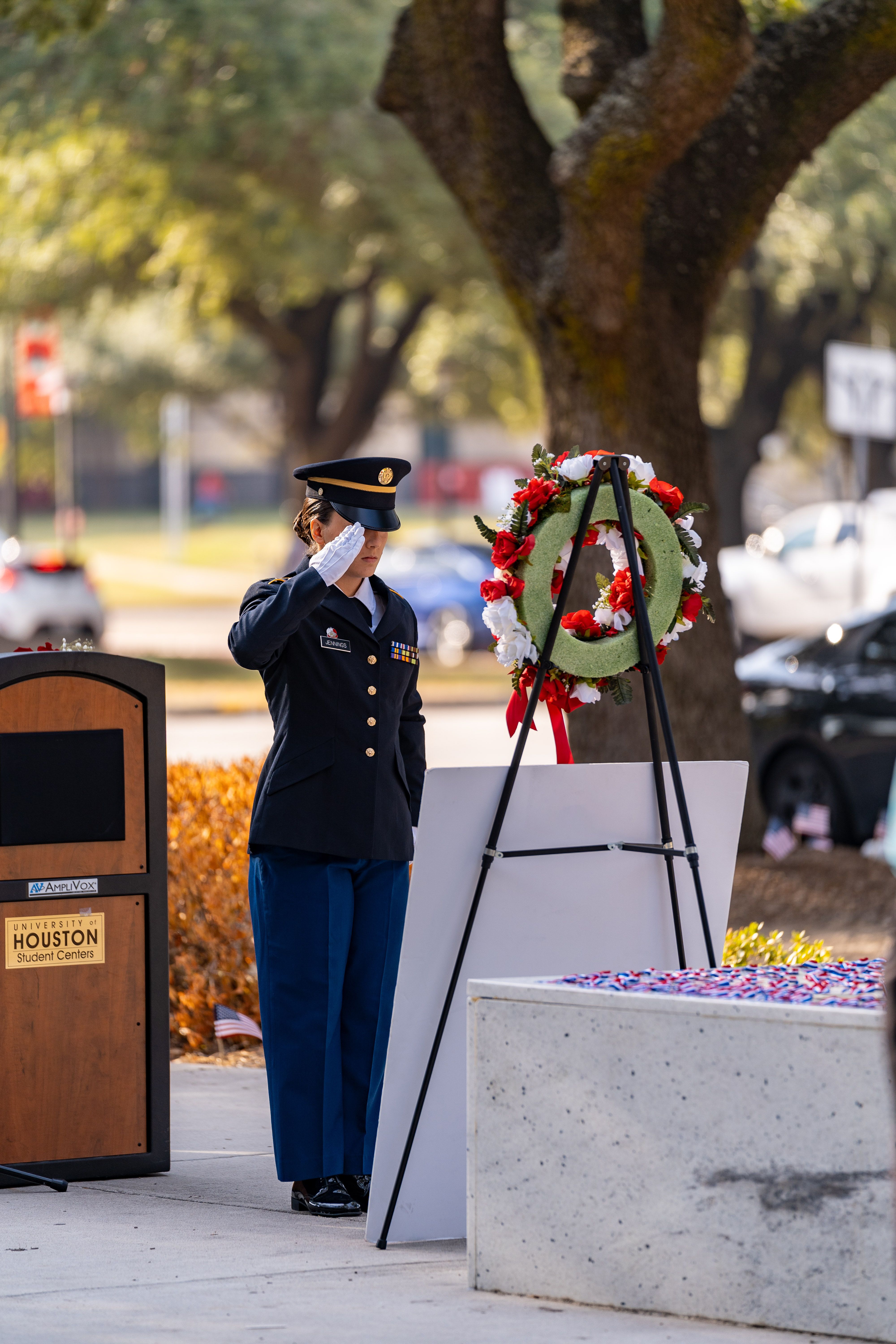 Member of Color Guard in uniform salutes wreath.