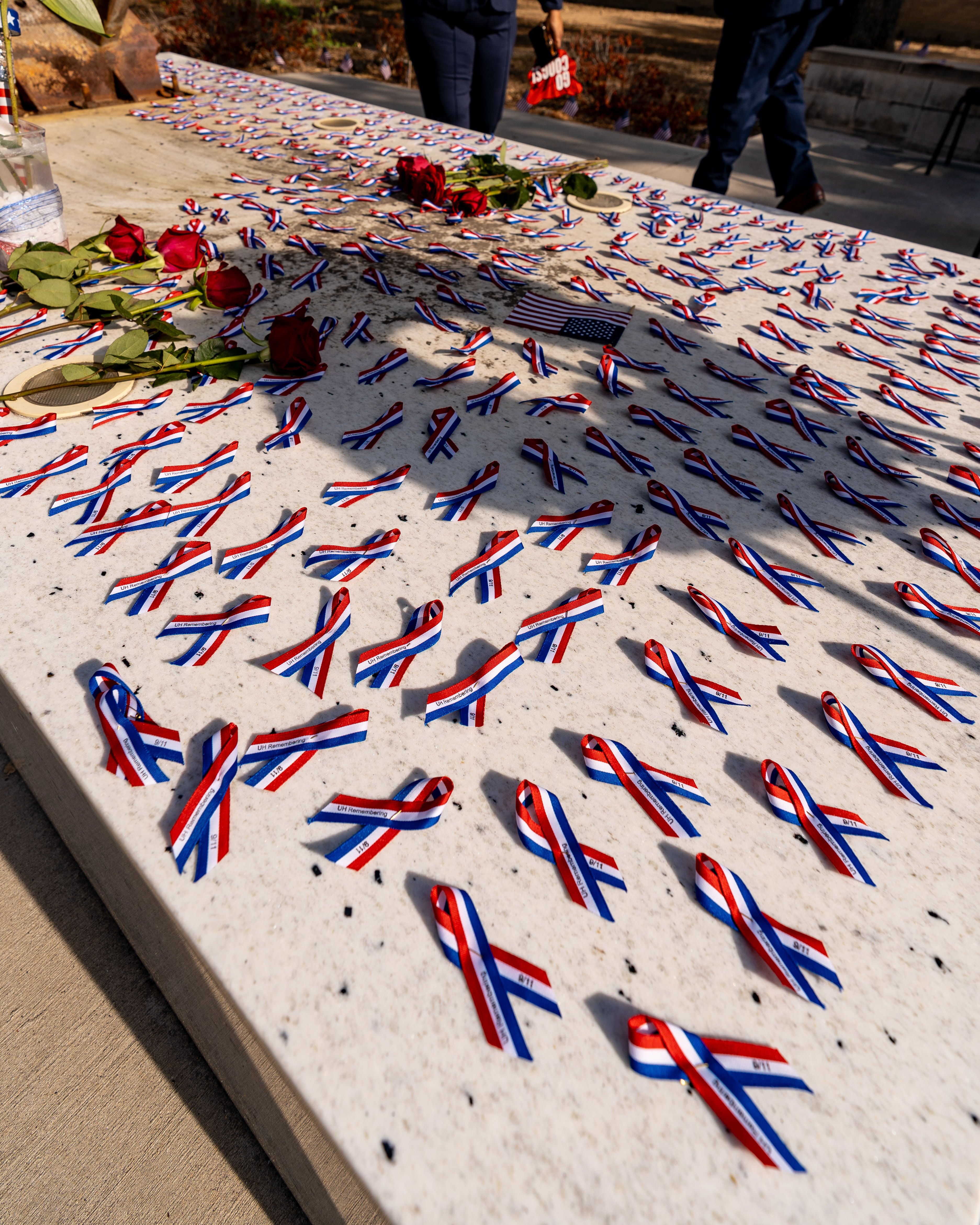 Red, white and blue ribbon pins represent the lives lost.