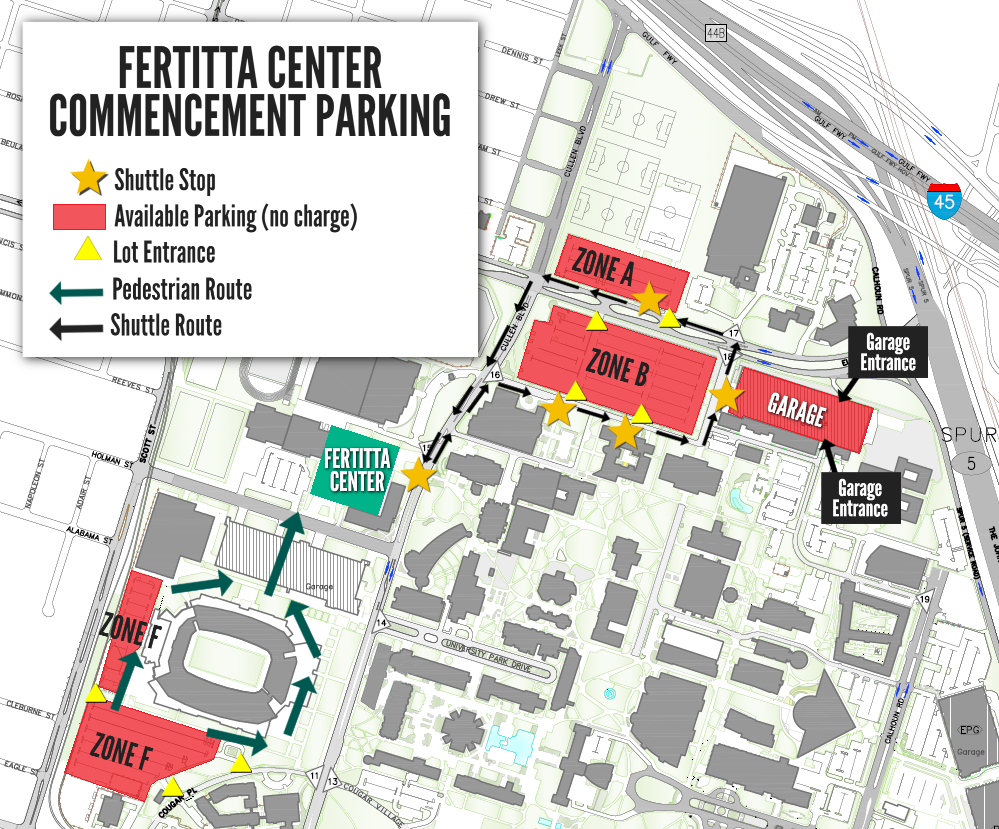 Map of parking lots for commencement ceremonies at Fertitta Center.