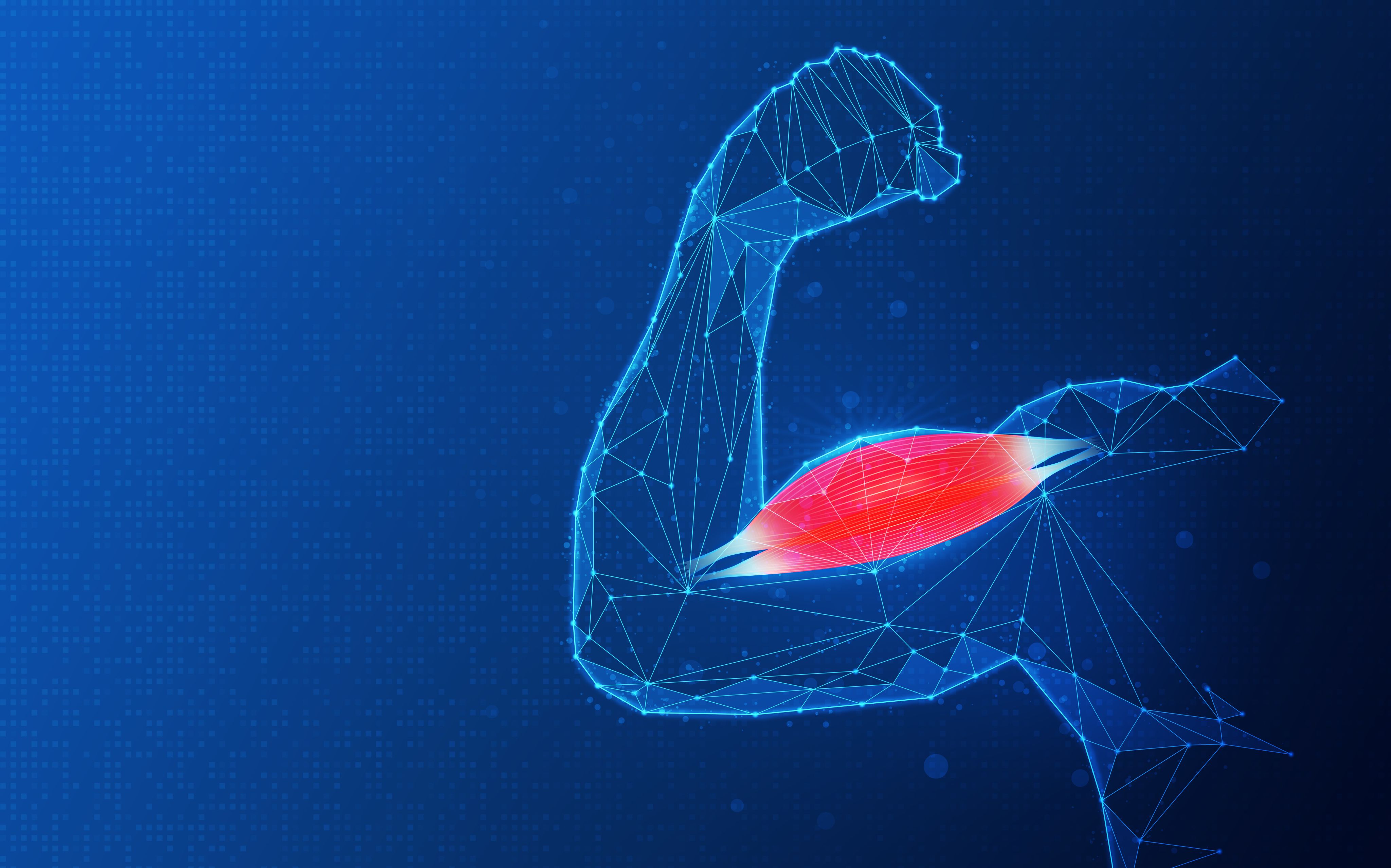 A digital illustration of a stylized human arm flexing, with a glowing red muscle, set against a dark blue background featuring network connections.