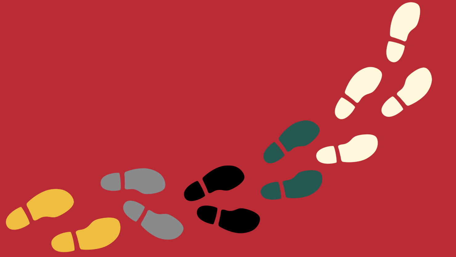 Illustration of foot steps in UH brand colors shifting across the page