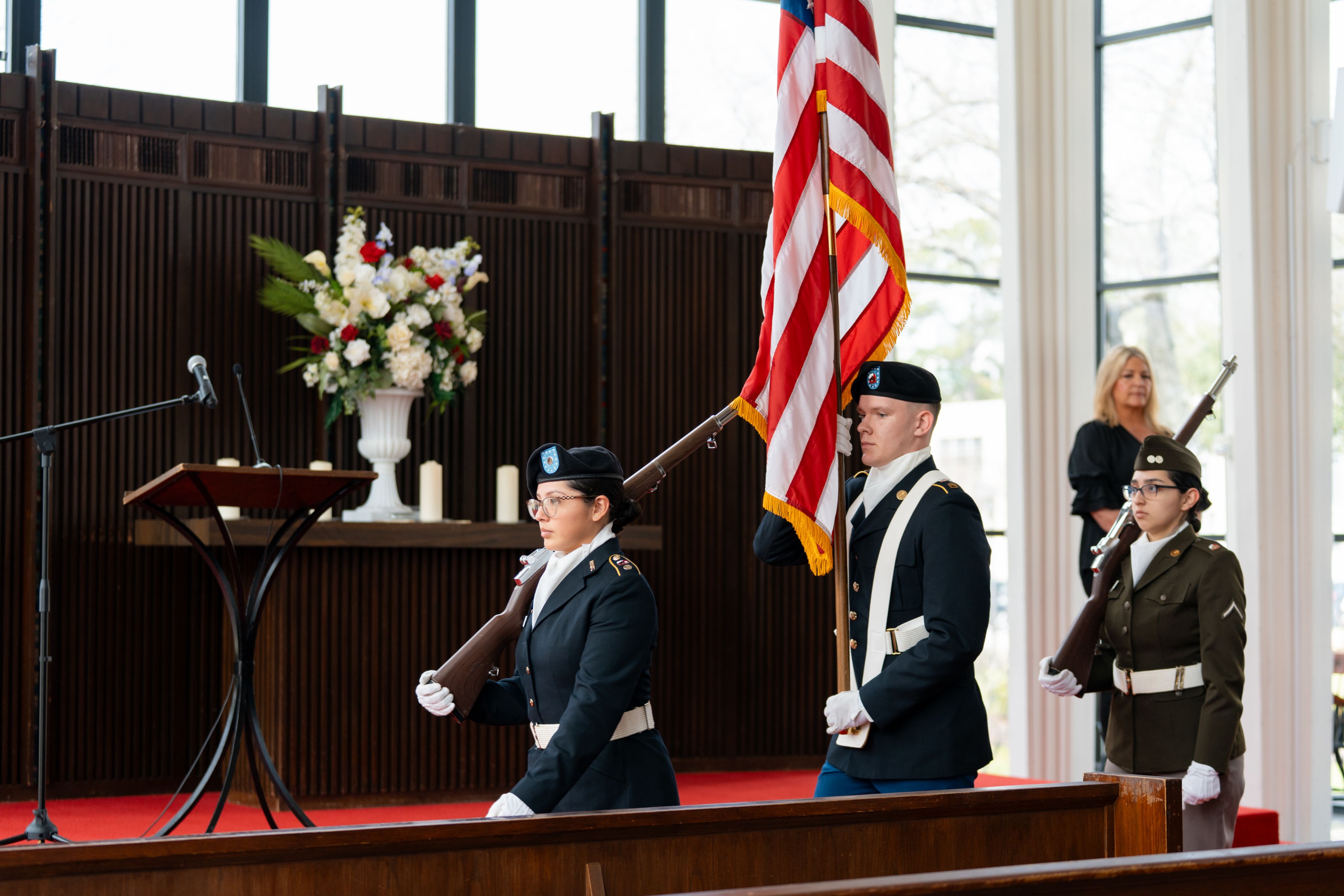 Army ROTC Color Guard processing into the A.D. Bruce Religion Center during UH Day of Remembrance 2025.