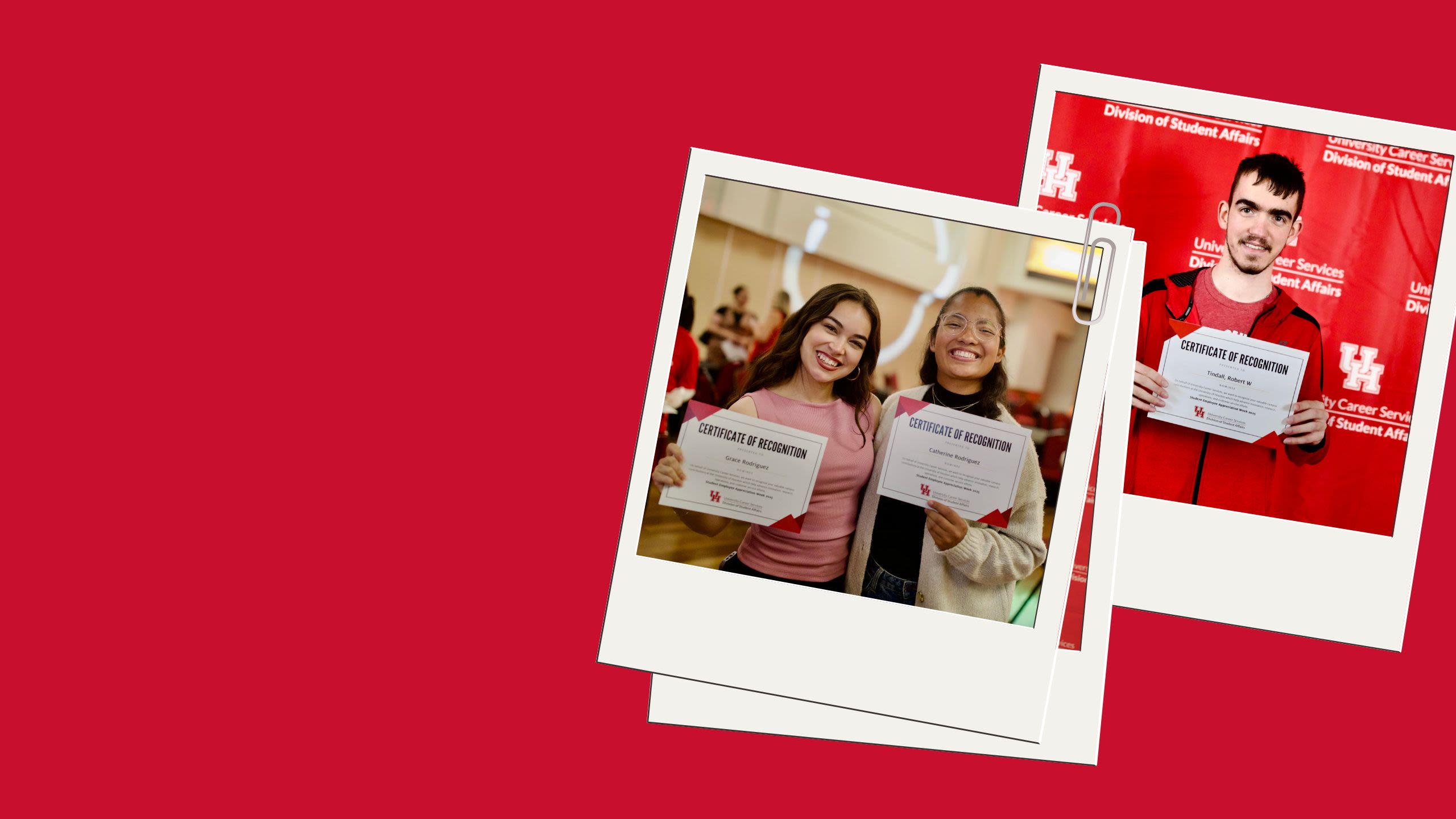 Polaroid template with images of smiling students holding up their certificates inside them.