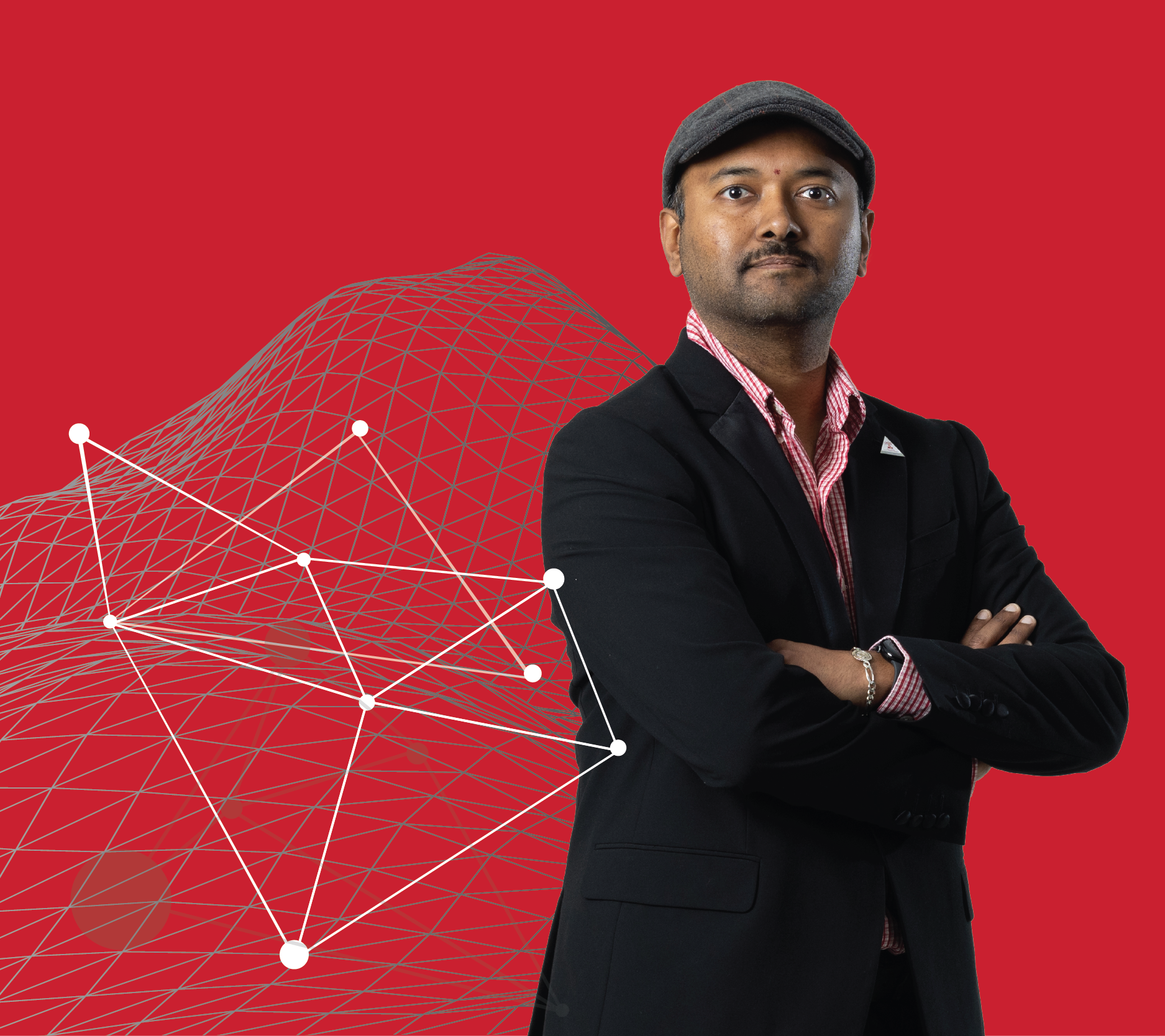 Professional headshot of Harish Krishnamoorthy on a red background.