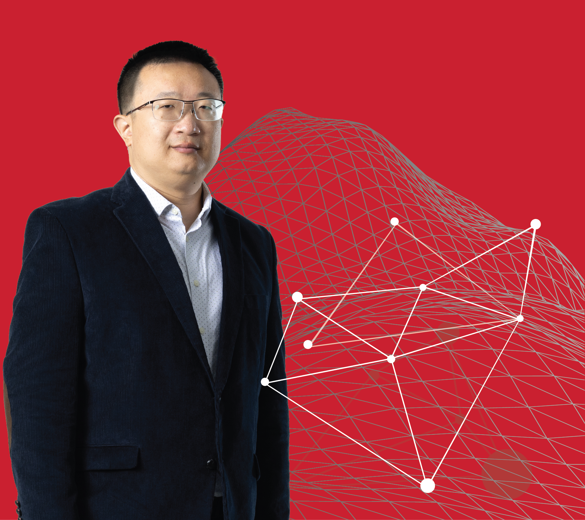 Professional headshot of Jian Shi on a red background.