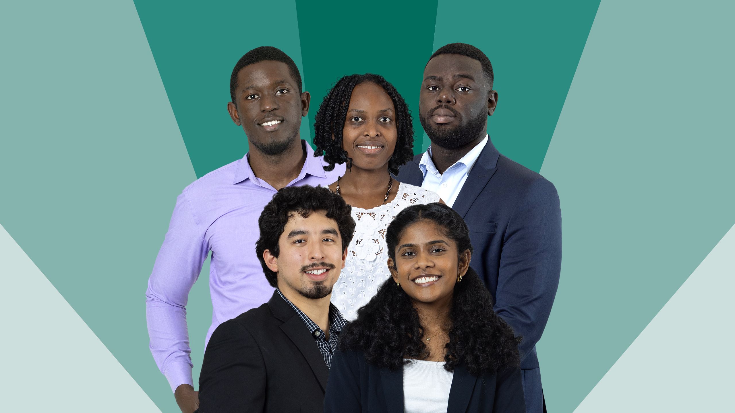 Group portrait of Kenneth Kusima, Benise Niyikiza, Kamaldeen Haruna, Gerardo Angulo and Nidhi Gongati. 