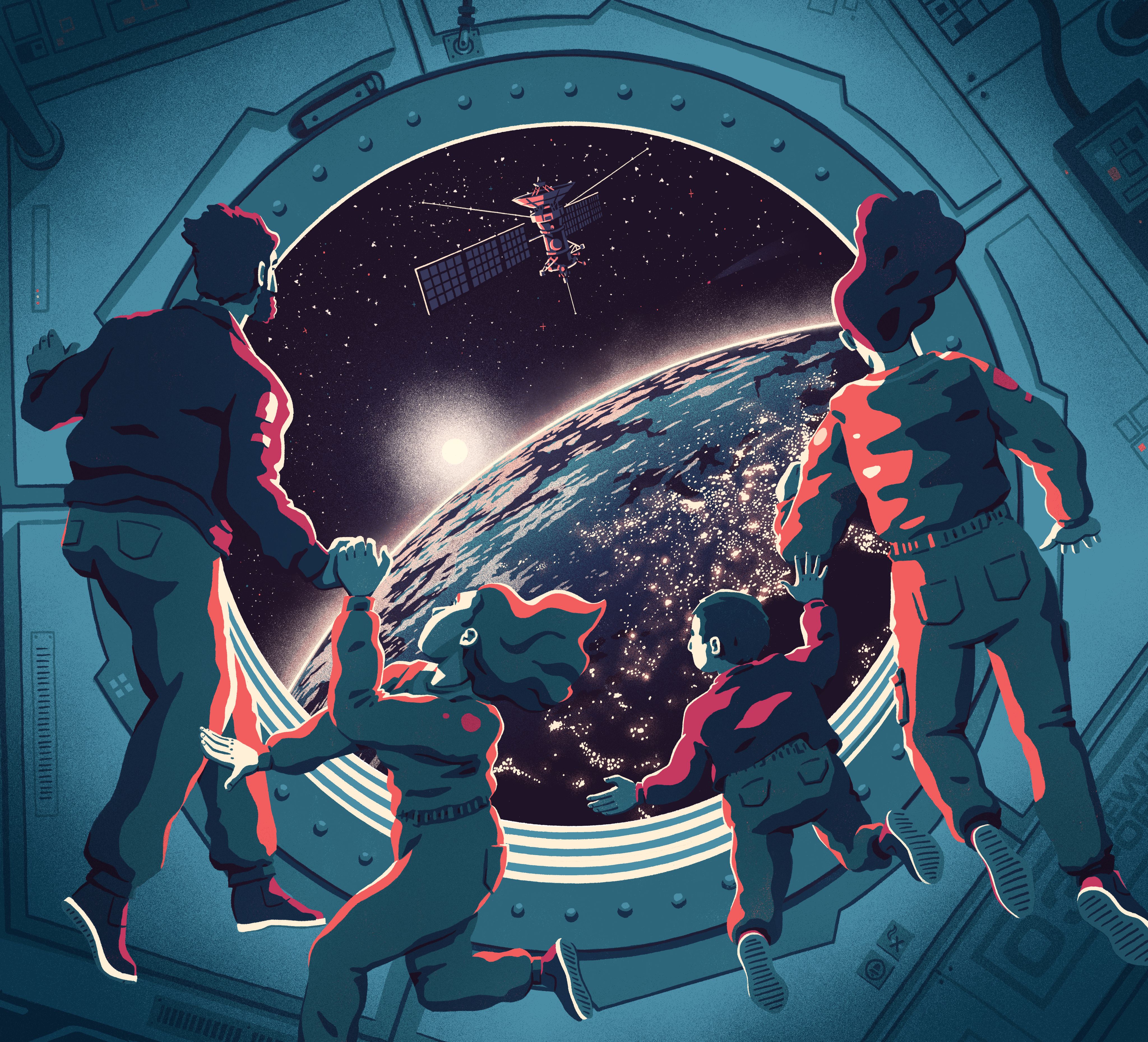 Graphic of a family looking out at earth from a space station while floating. 