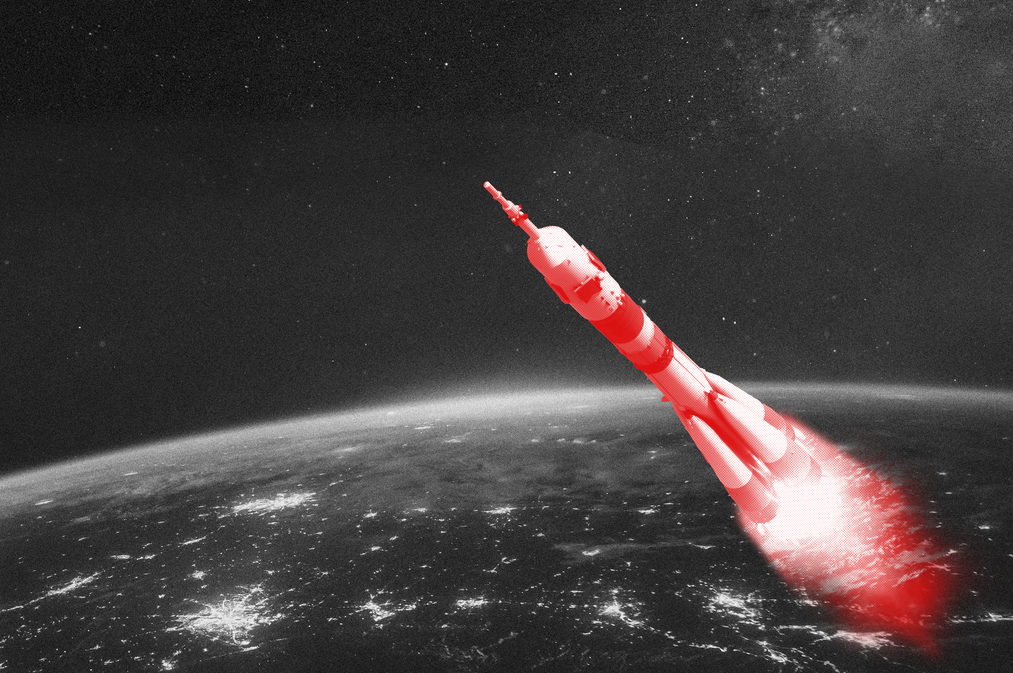 A rocket ship flying through space with Earth in the background.