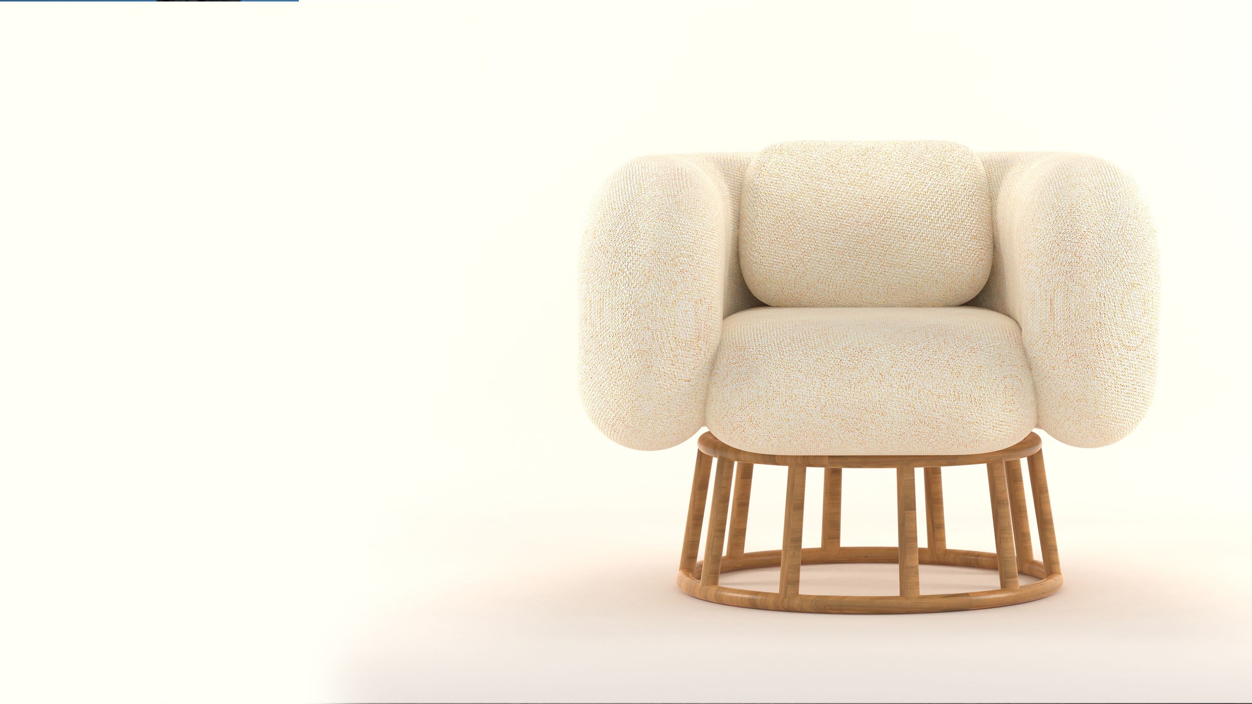 White rounded chair with a round wooden base