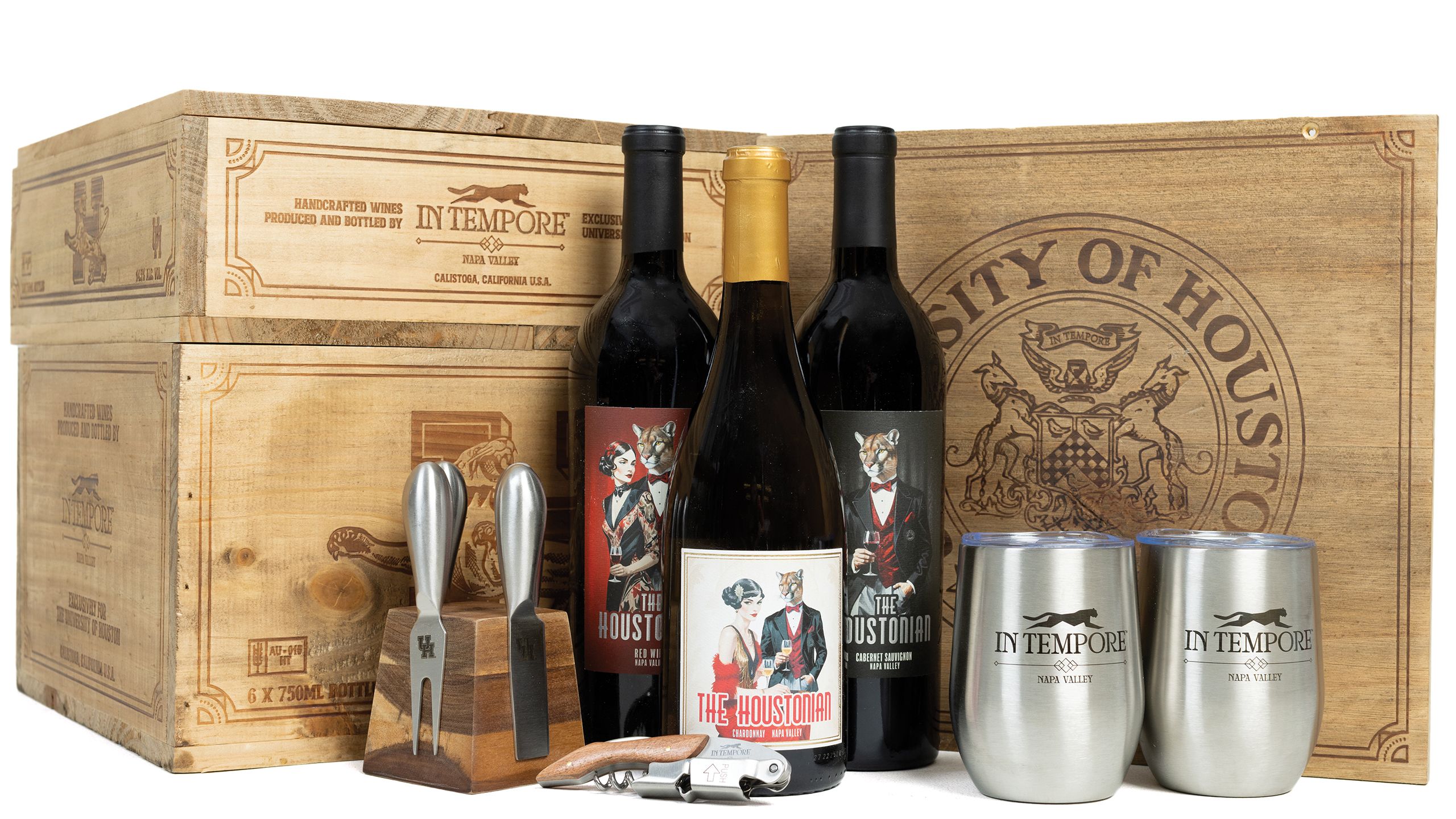 Boxes and bottles of wine, with the InTempore and University of Houston logos on them