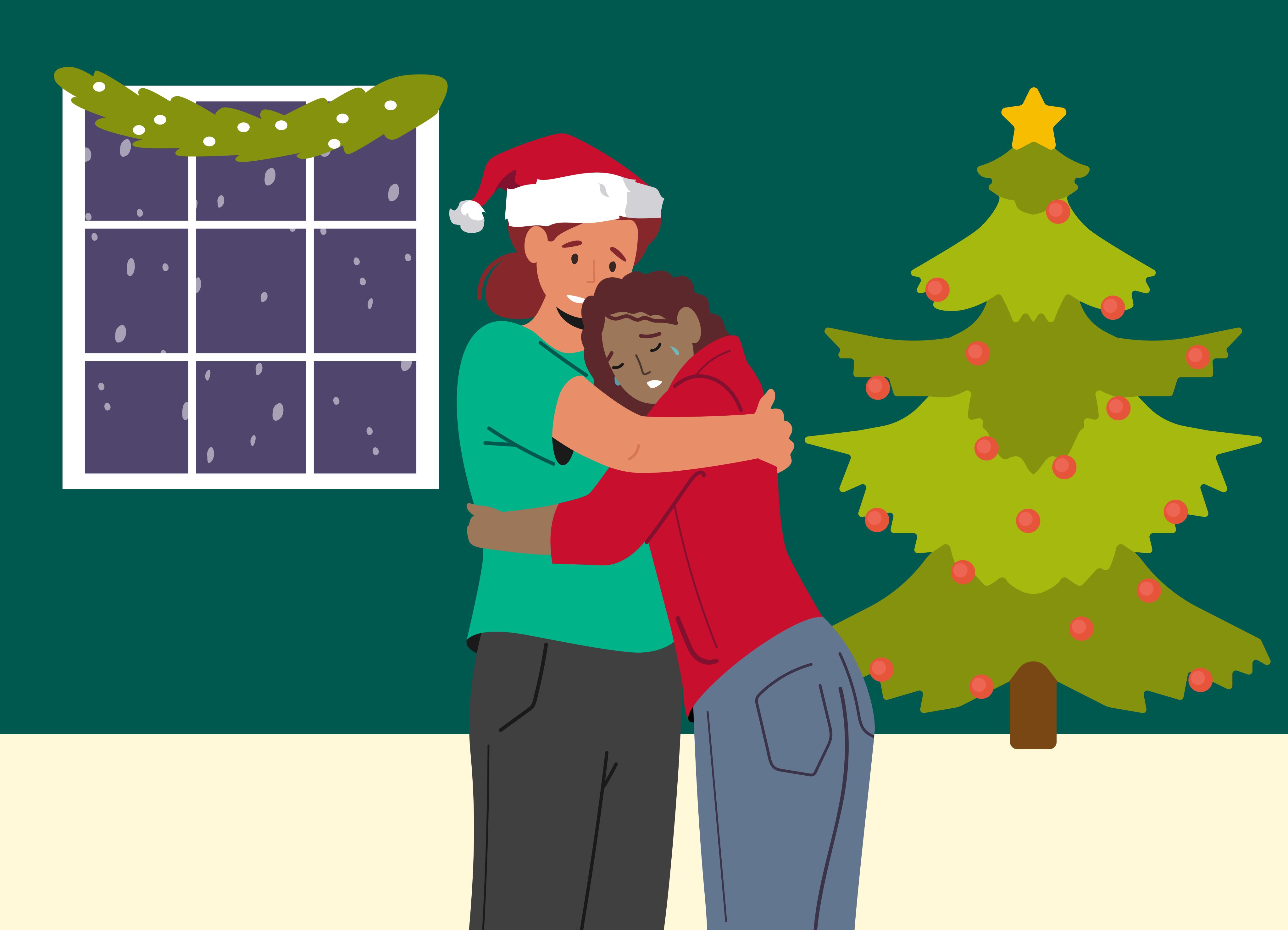 an illustration of a female in a santa hat hugging a crying female. They're standing in front of a christmas tree.