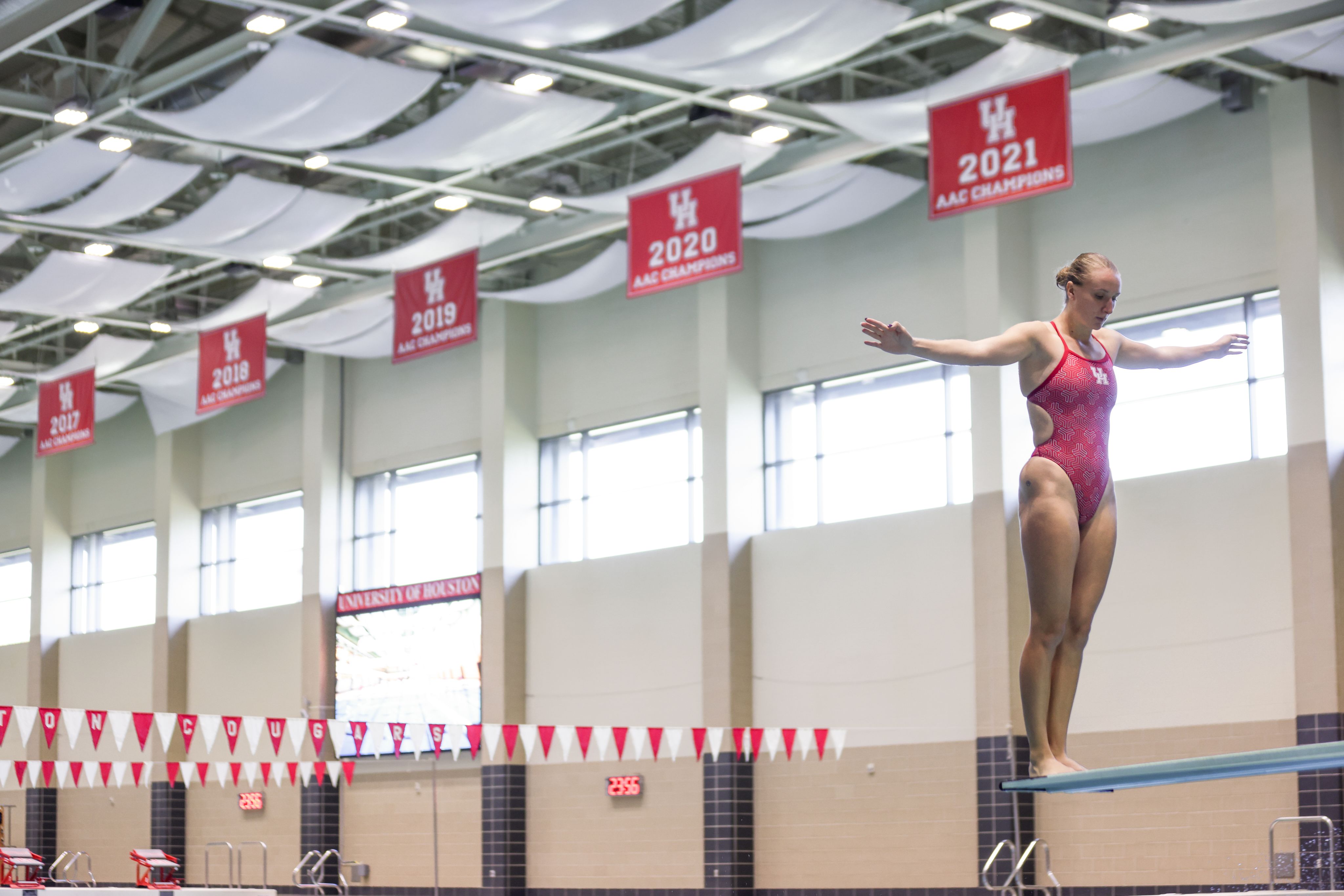 Female University of Houston diver preparing to dive into a pool.