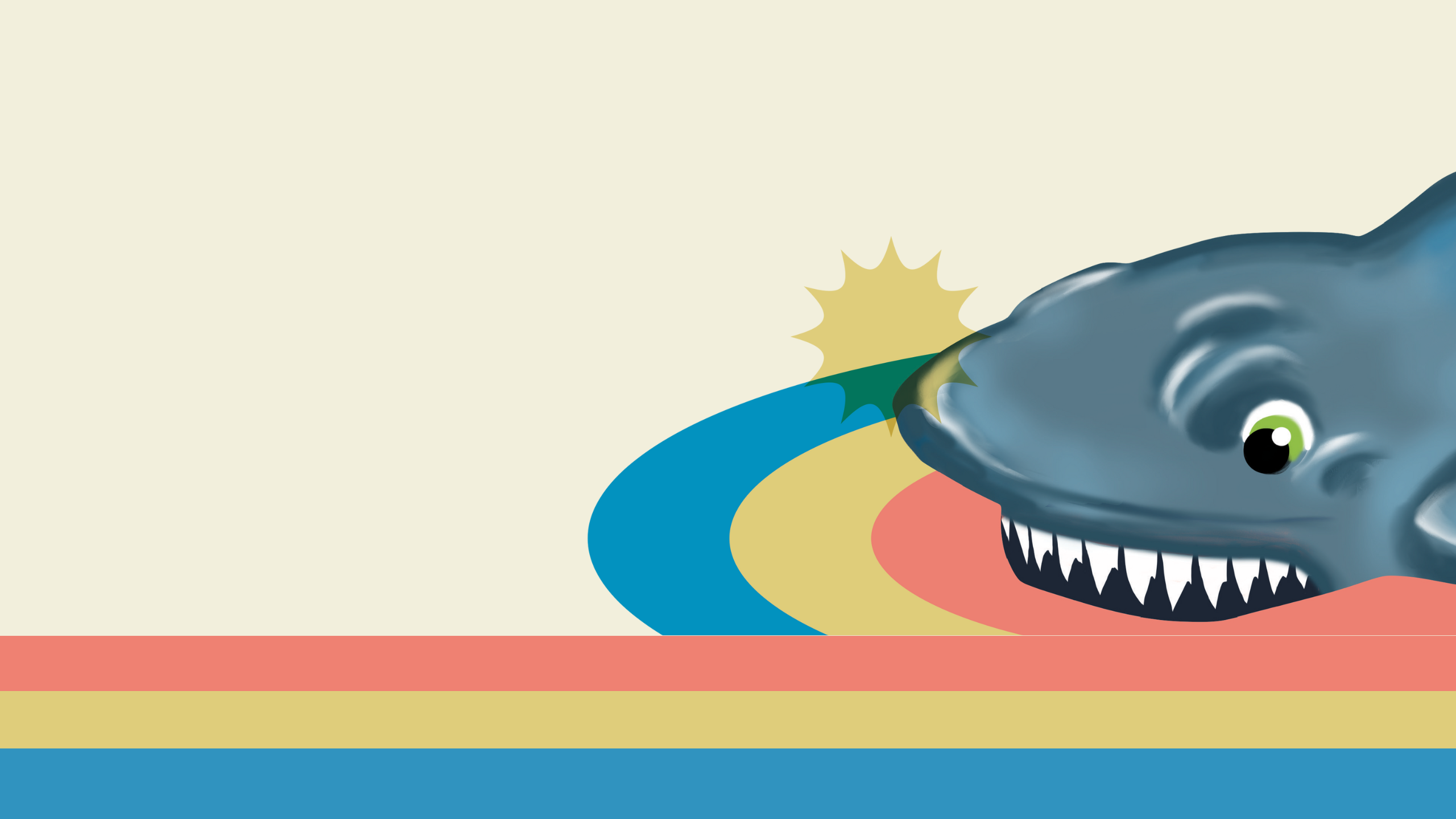 An icon of Shark Attack. A grey shark biting a red, yellow, & blue disk