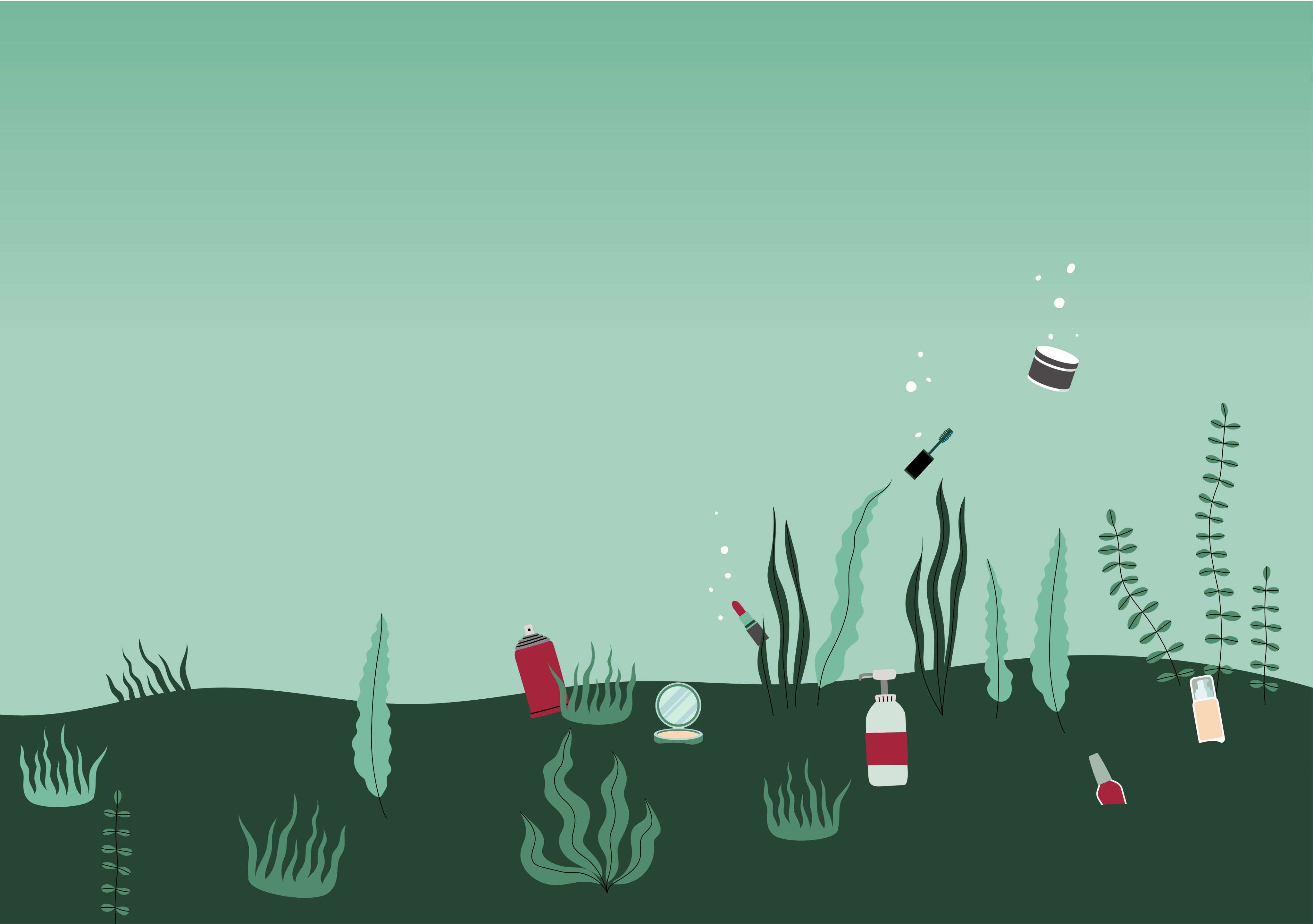 A graphic of plastics littering the bottom of an ocean floor