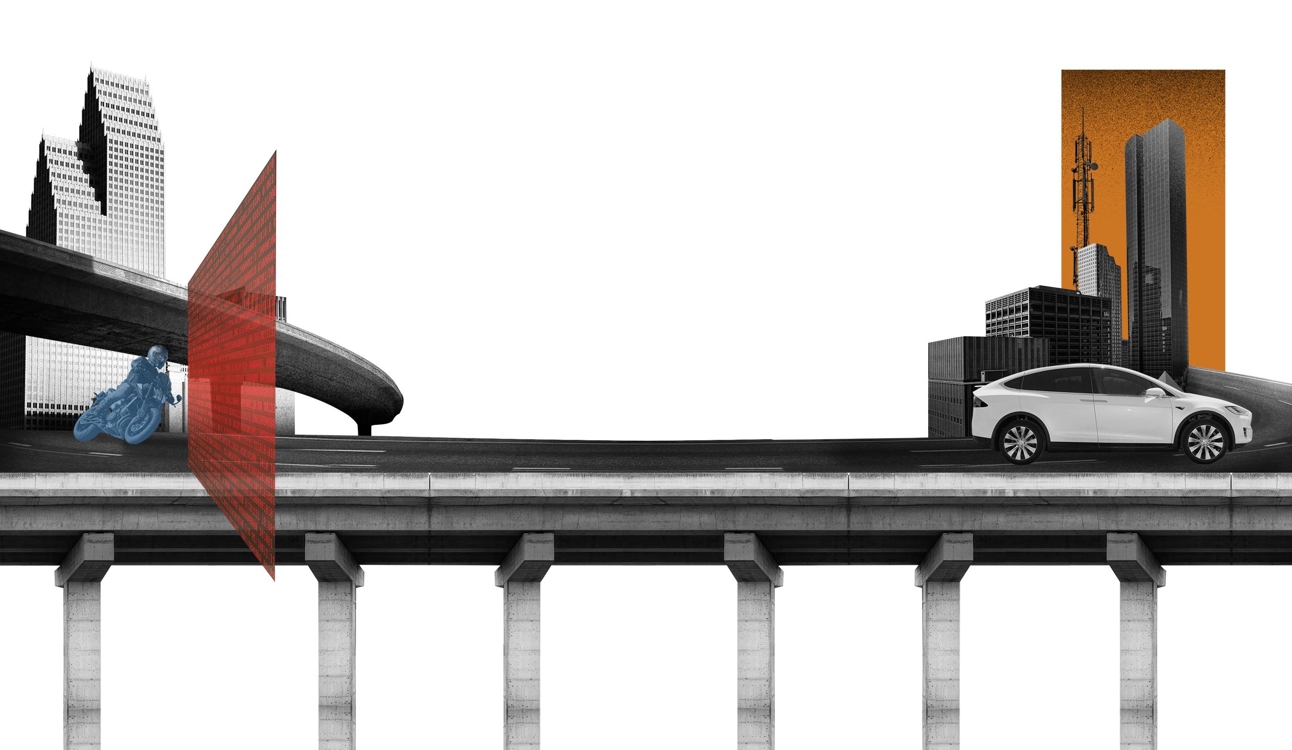 Abstract illustration of a Houston roadway with a car & a motorcycles driving after it