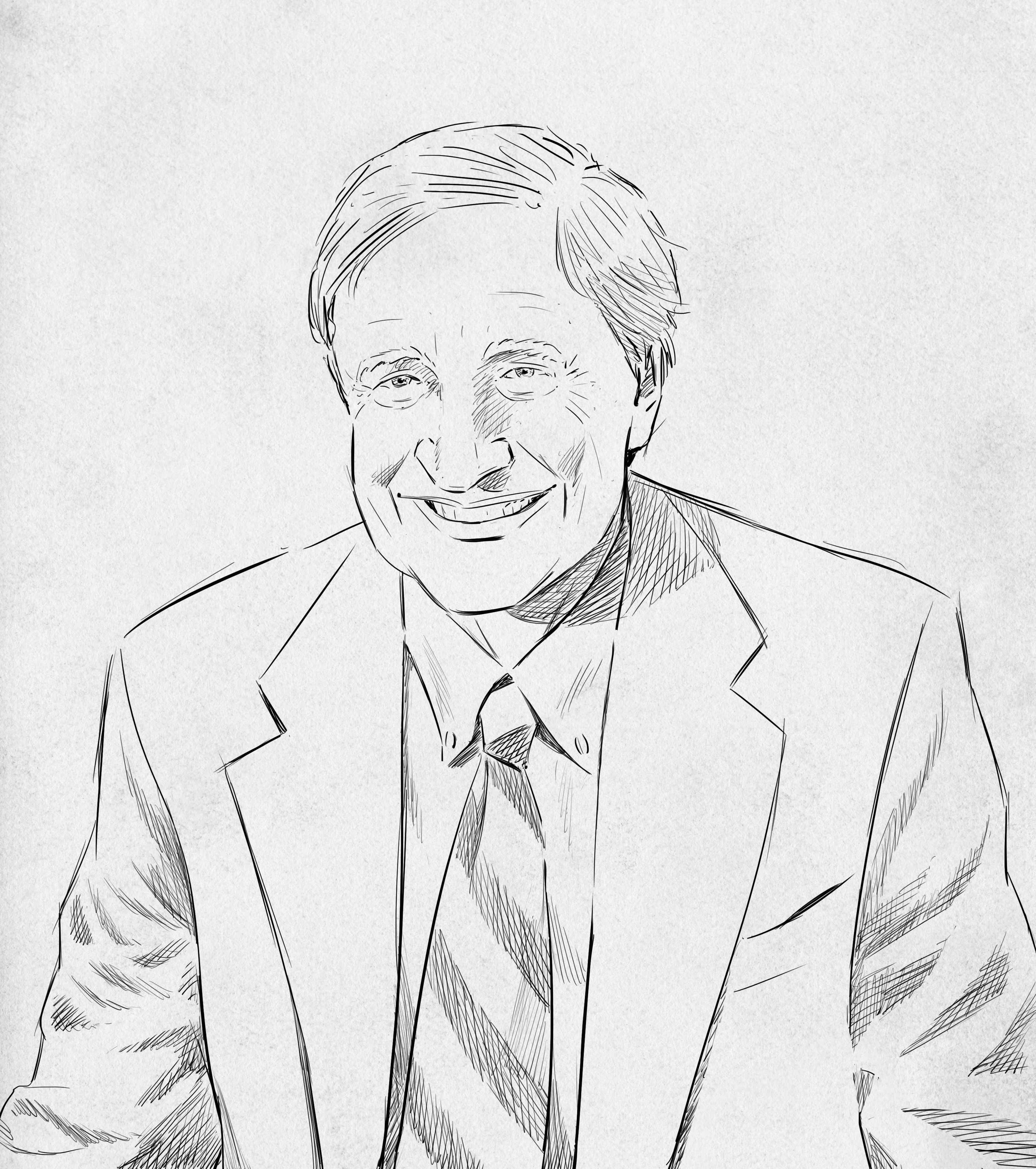 Illustration of a portrait of Walter E. Penk, in black and white with textured paper background