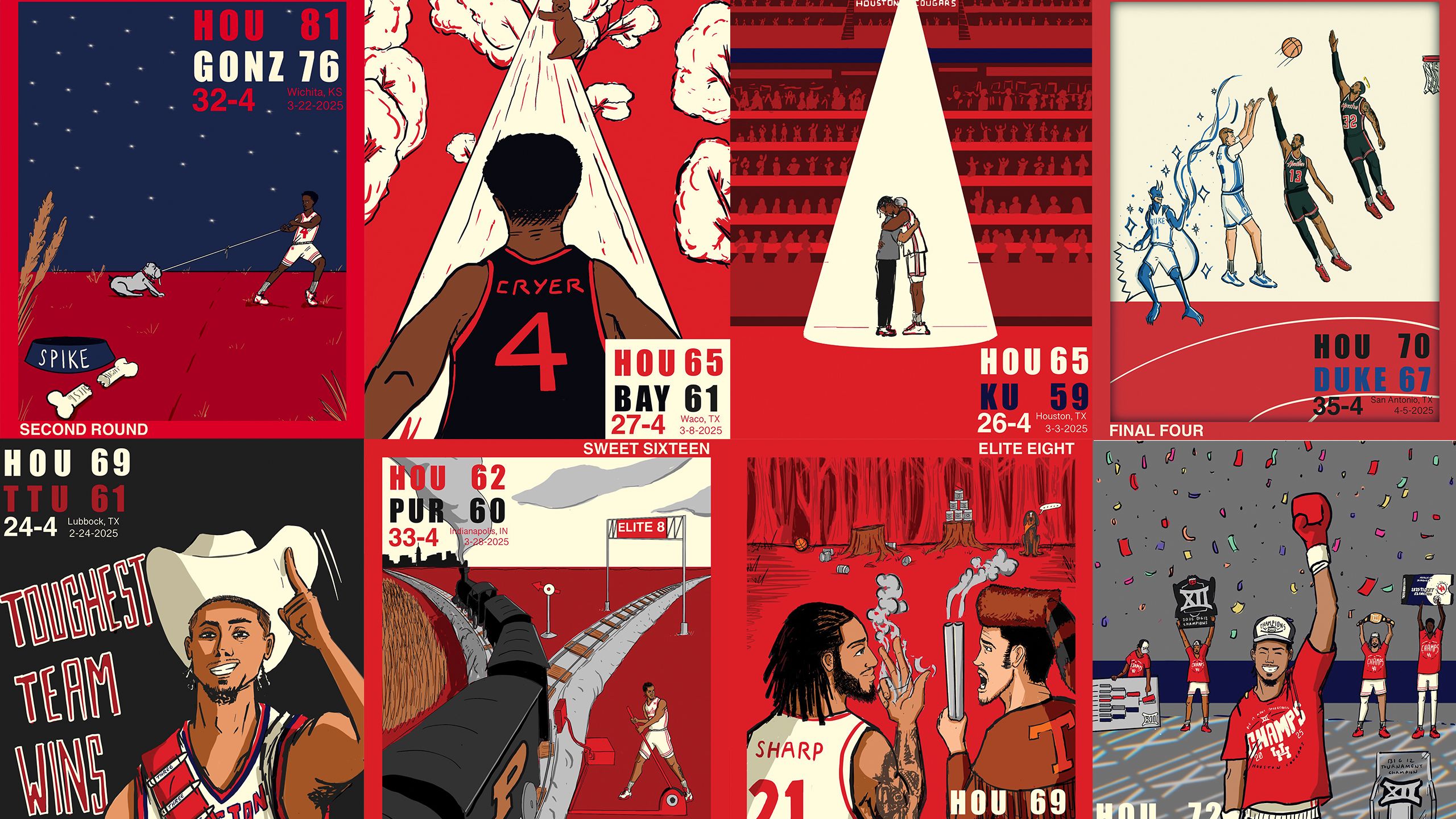 Collage of Cory Rodriguez' UH basketball illustrations