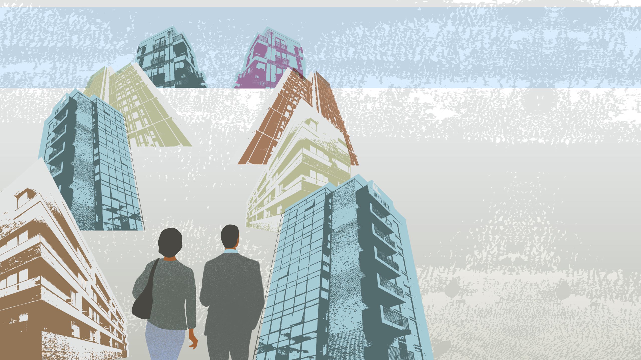 Illustration of people walking between buildings