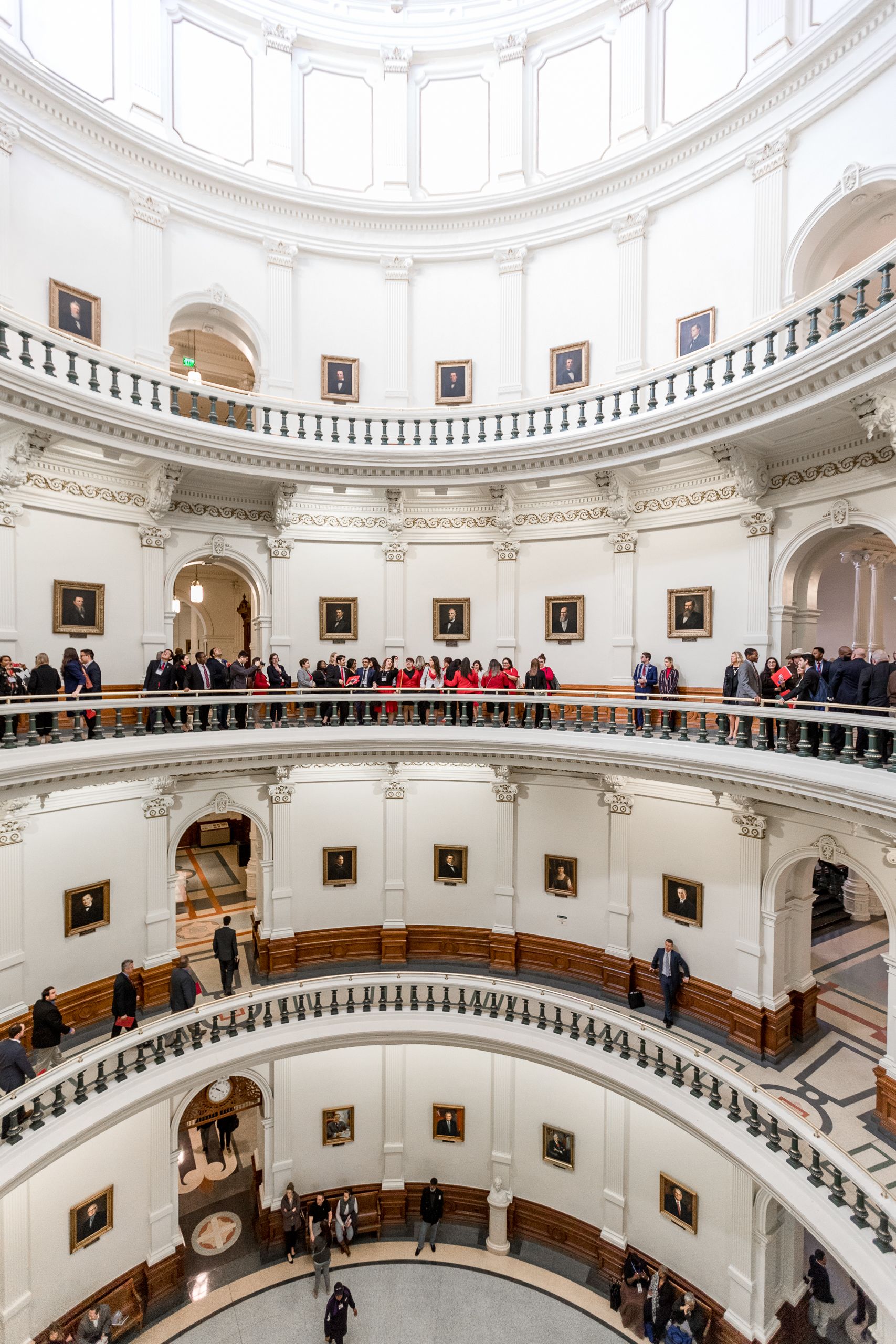 From the top of the Texas Capitol rotunda looking across and down at the four stories leading up to the rotunda dome