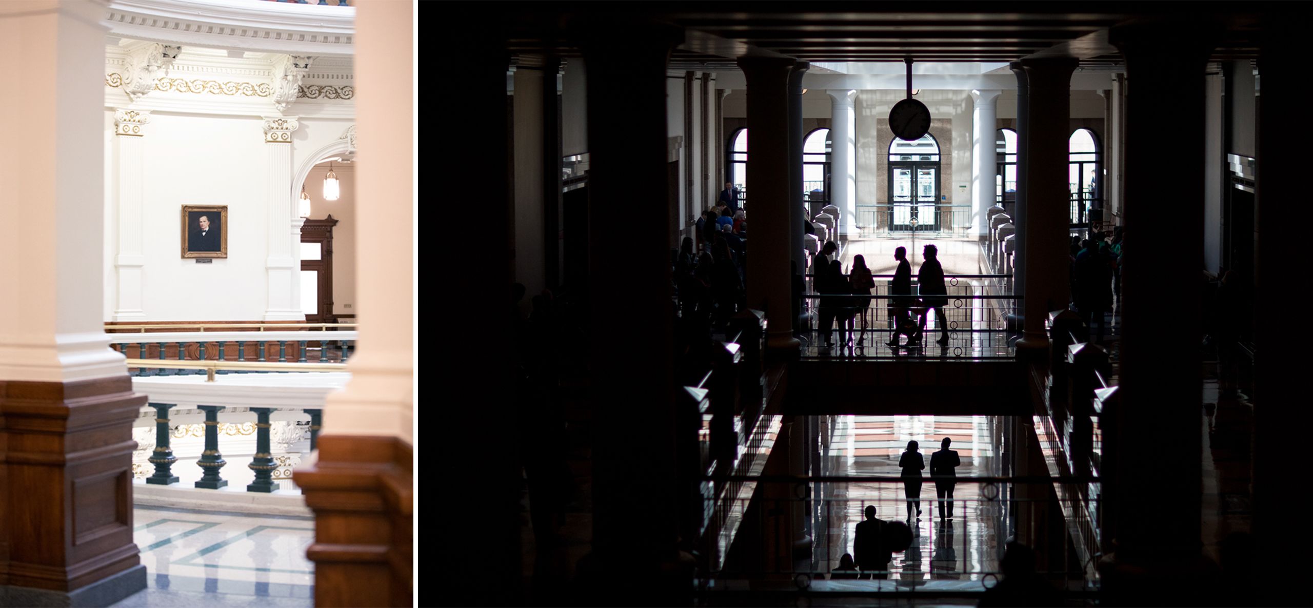 People walking in halls of the Texas Capitol.