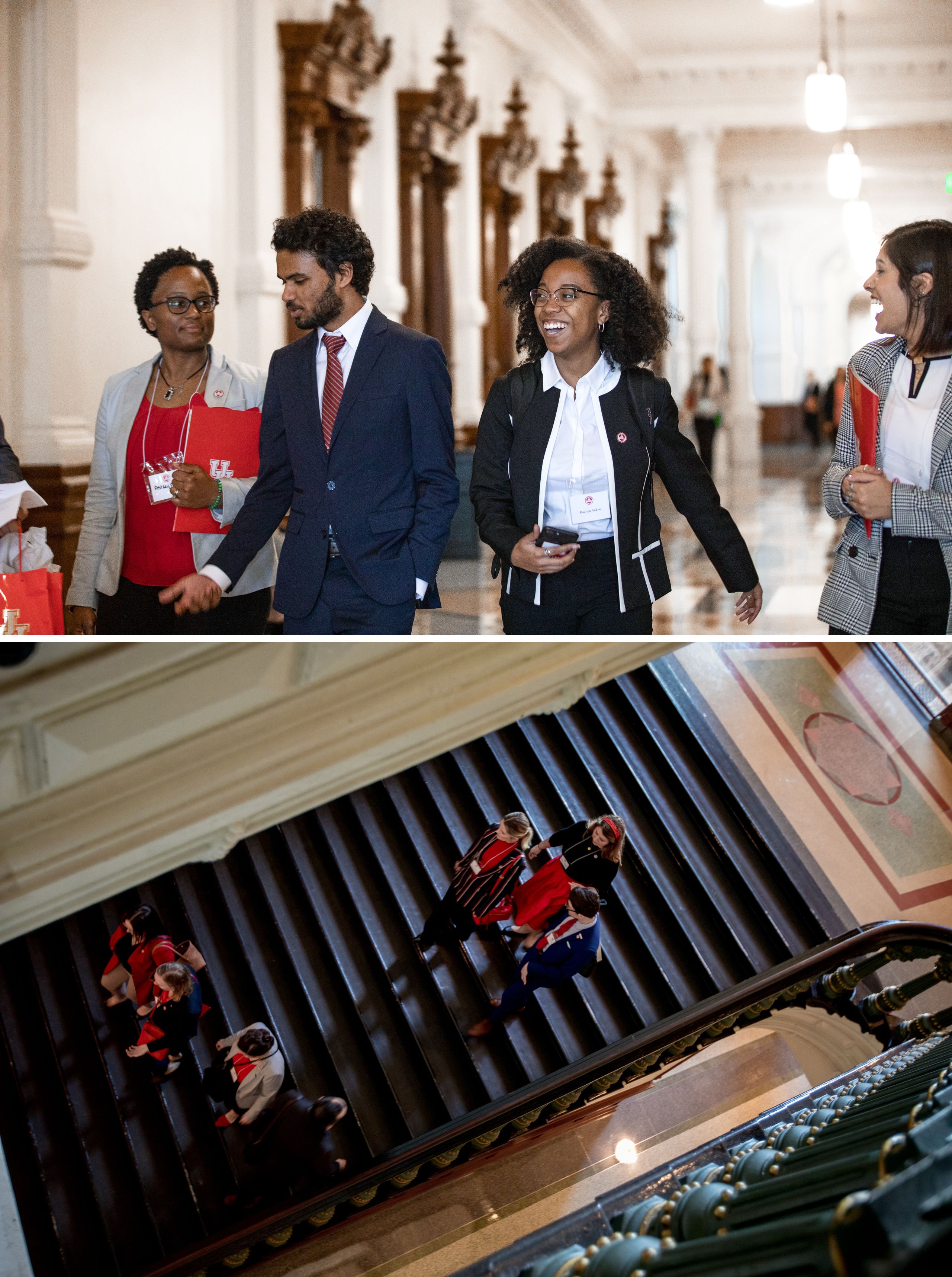 Four students smile and talk as they walk through Texas capitol.