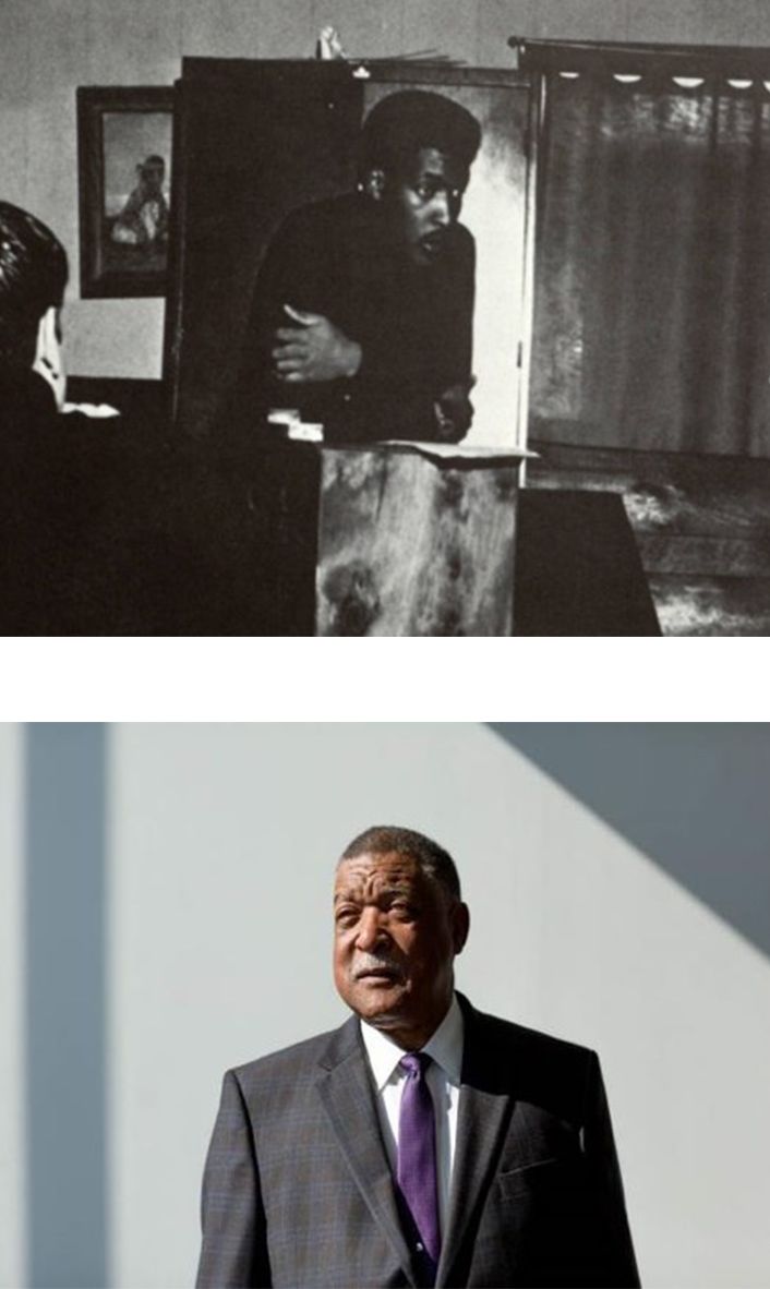 Top: Gene Locke discusses serious issues during a leadership conference in 1968-69. Bottom: Gene Locke today.